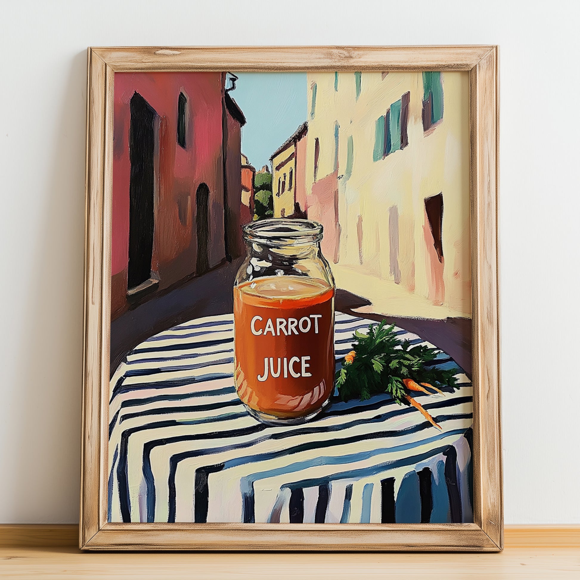 Carrot Juice – Italian Street Café Scene, Lemonade Painting, no-text version framed in wood