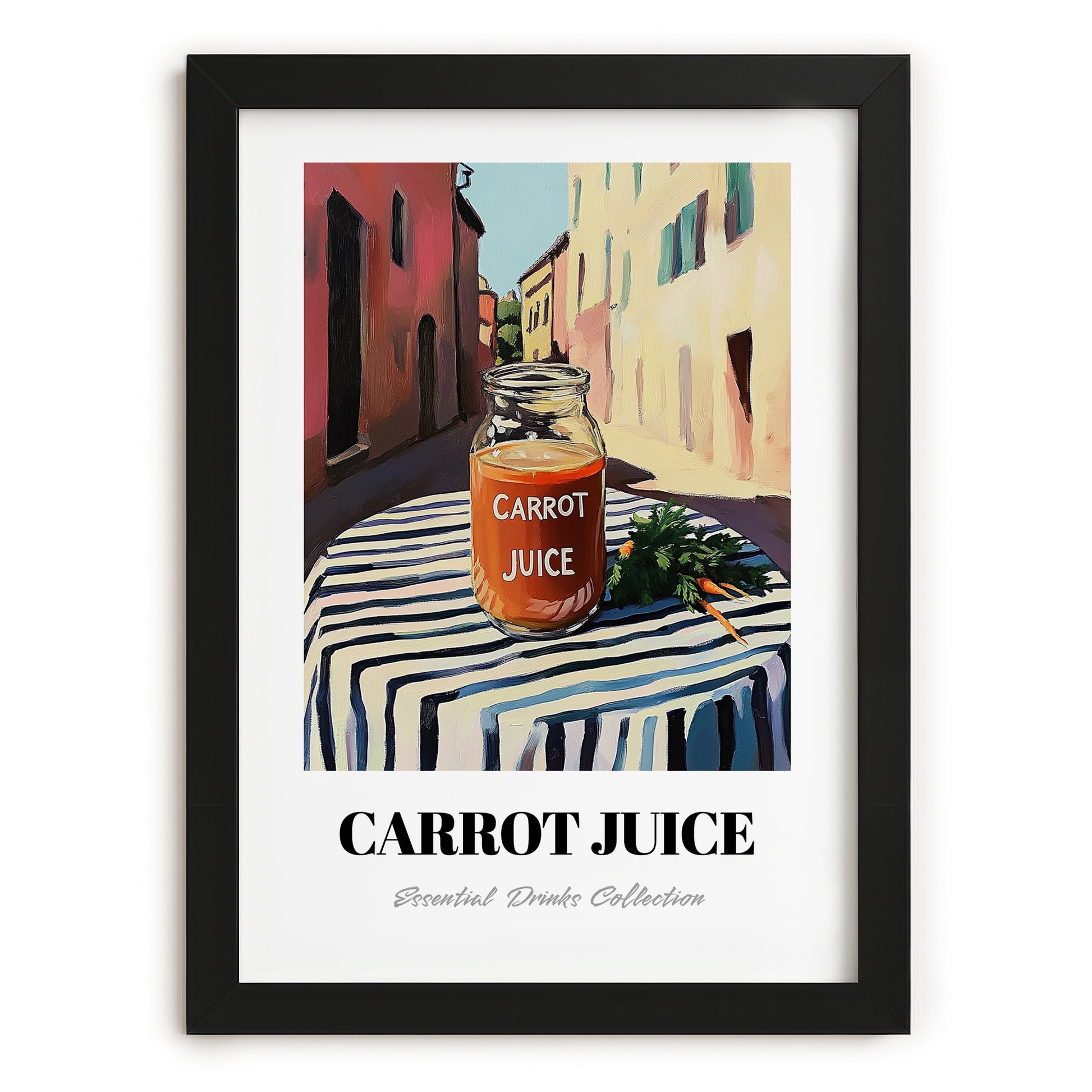 Carrot Juice – Italian Street Café Scene, Lemonade Painting, in sleek black frame