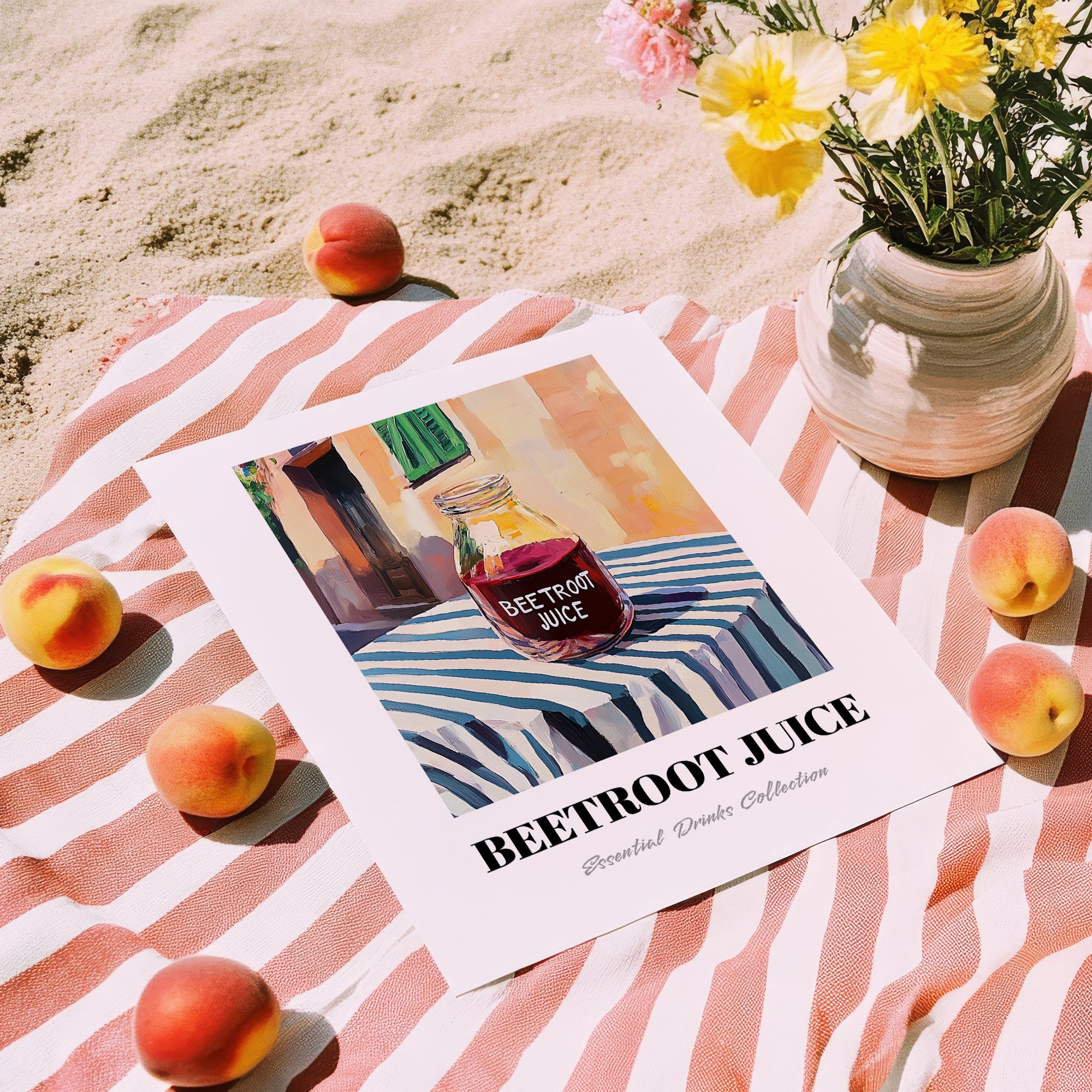 Beetroot Juice – Italian Café on the Corner, Lemonade Art, unframed on coastal sand