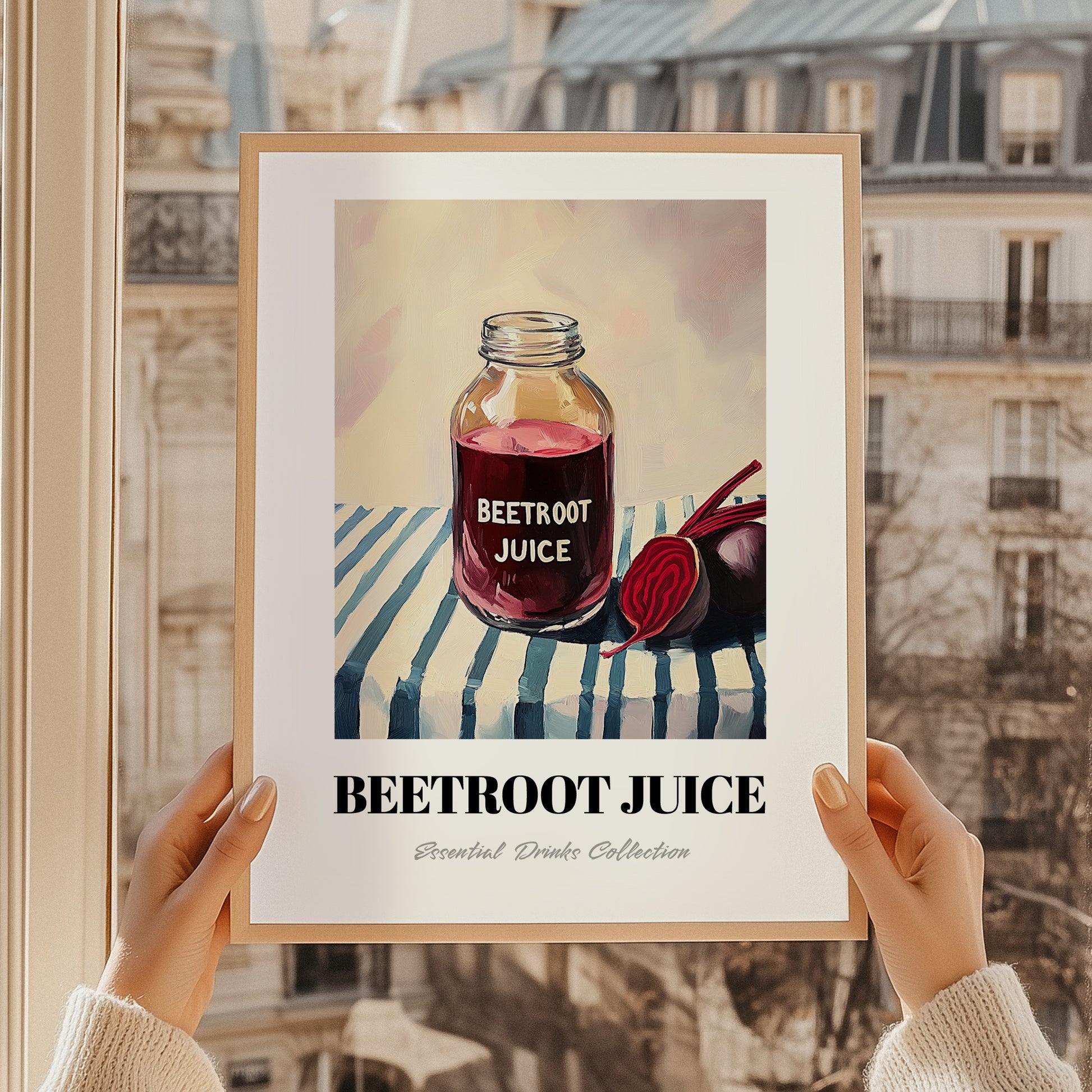 Beetroot Juice – on Striped Tablecloth, Lemonade Wall Illustration, styled in a charming Paris street view