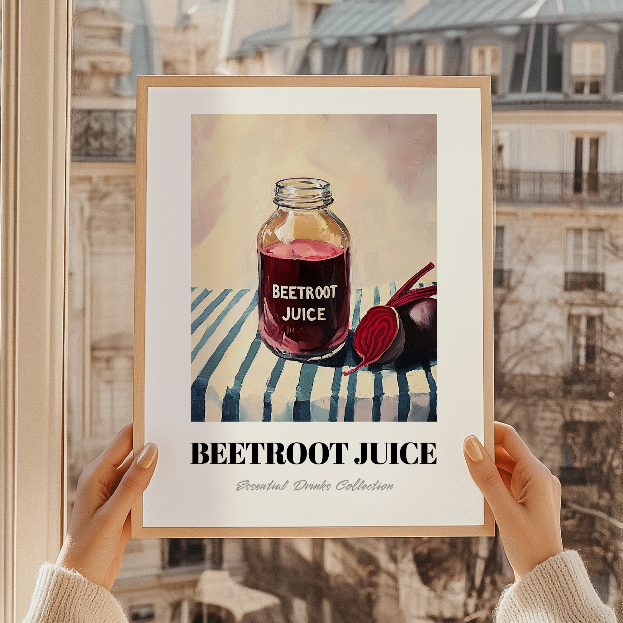 Beetroot Juice – on Striped Tablecloth, Lemonade Wall Illustration, styled in a charming Paris street view