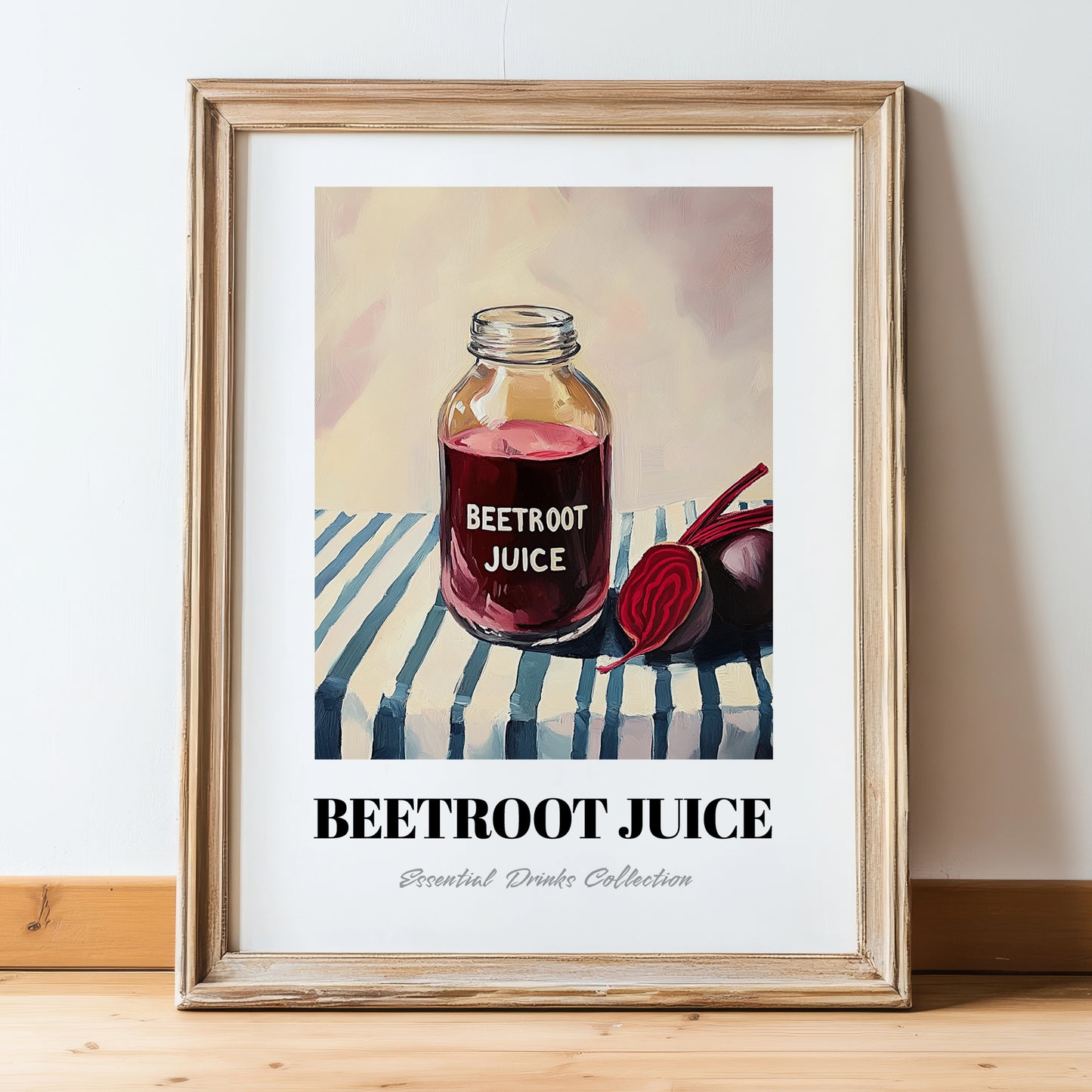 Beetroot Juice – on Striped Tablecloth, Lemonade Wall Illustration, in wooden frame leaning on the floor