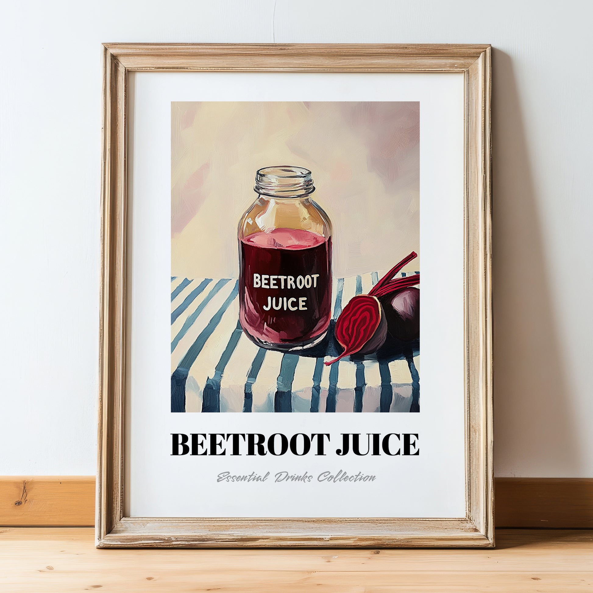 Beetroot Juice – on Striped Tablecloth, Lemonade Wall Illustration, in wooden frame leaning on the floor