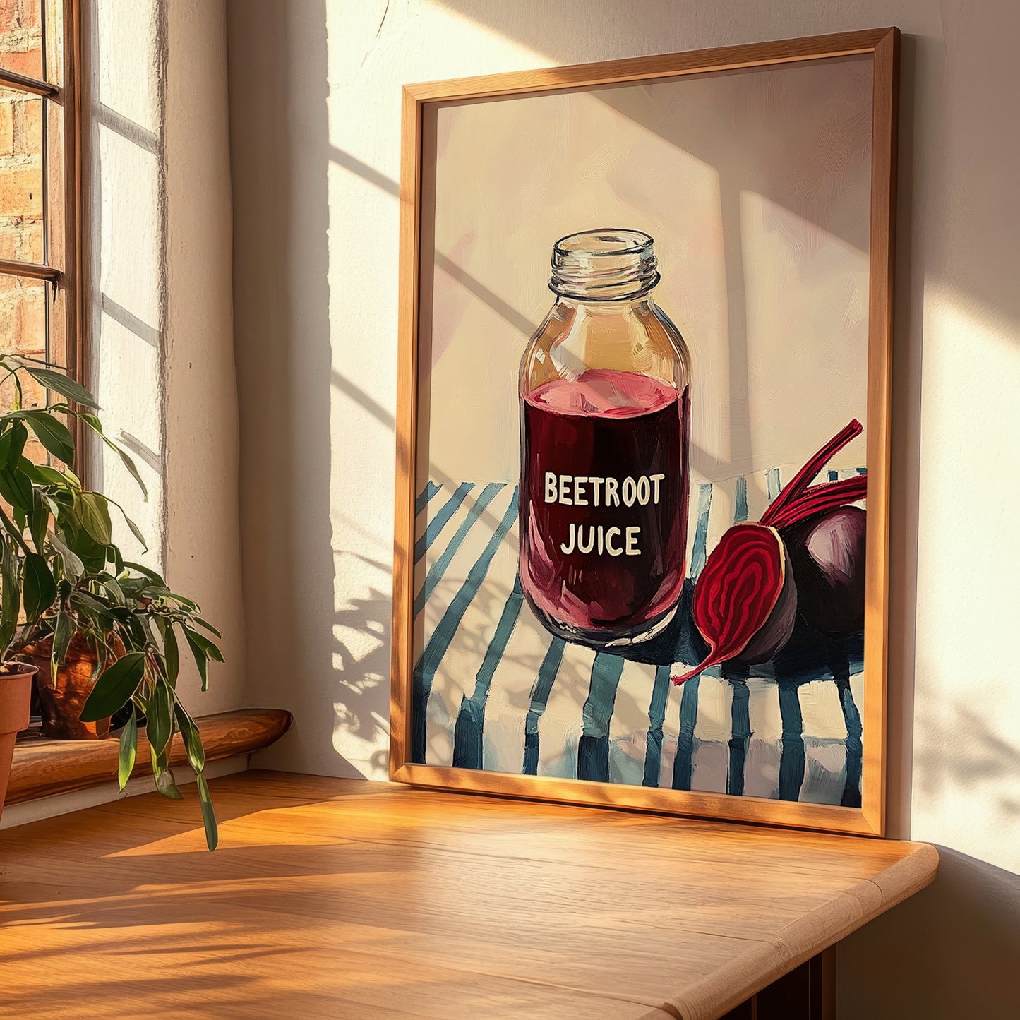Beetroot Juice – on Striped Tablecloth, Lemonade Wall Illustration, clean layout with no caption