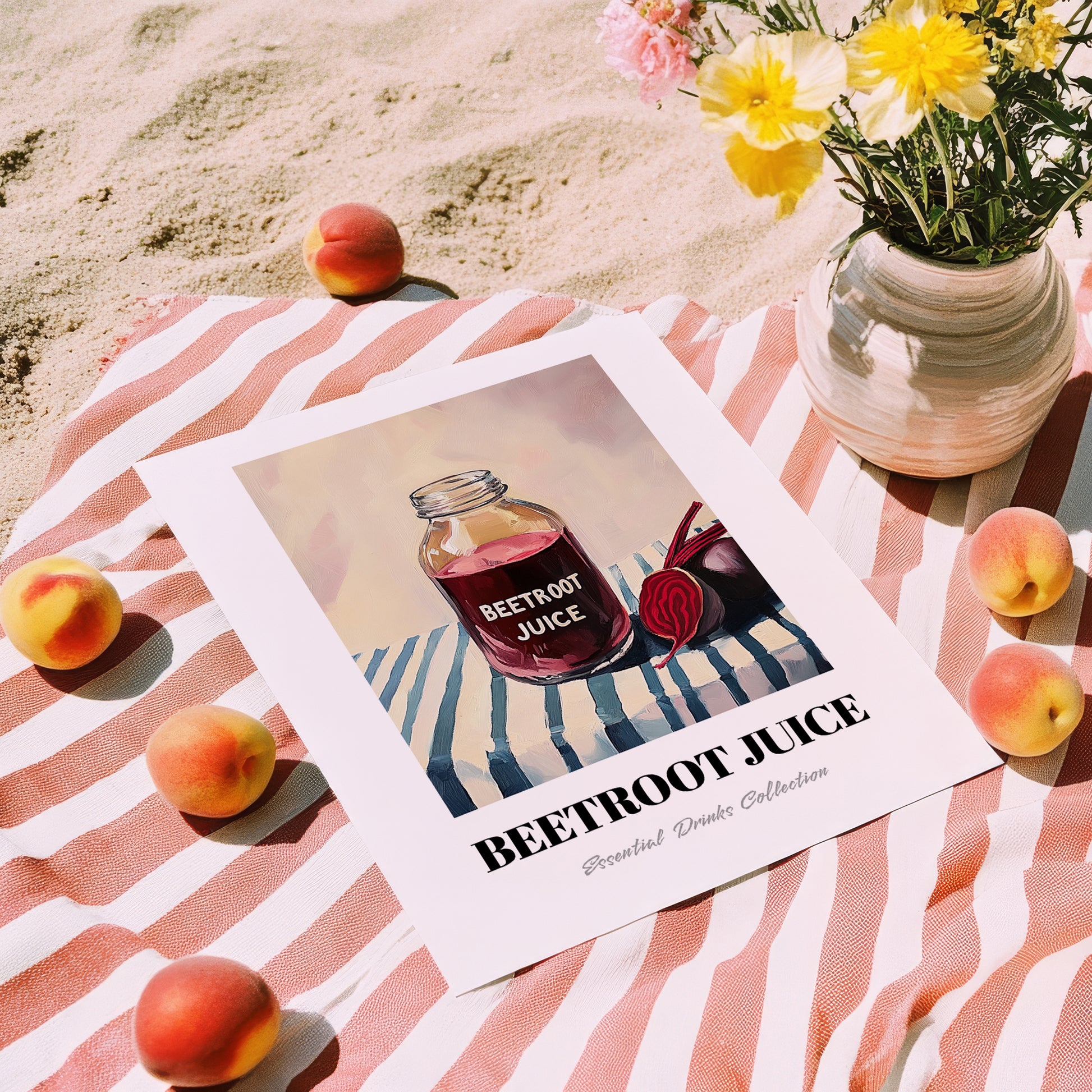 Beetroot Juice – on Striped Tablecloth, Lemonade Wall Illustration, unframed on coastal sand
