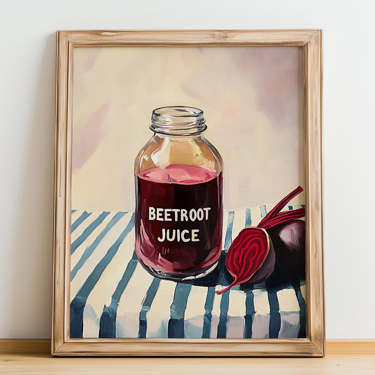 Beetroot Juice – on Striped Tablecloth, Lemonade Wall Illustration, no-text version framed in wood