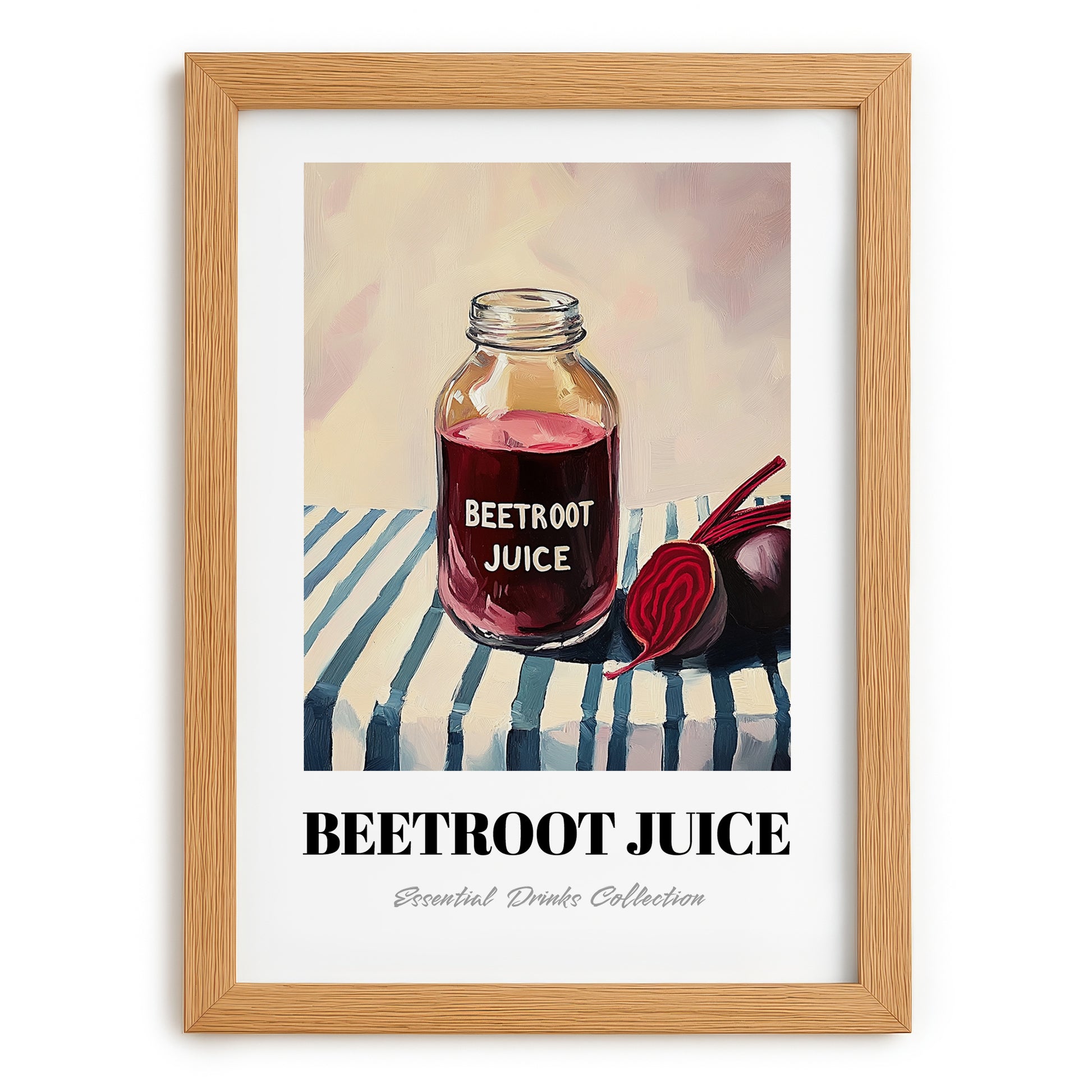 Beetroot Juice – on Striped Tablecloth, Lemonade Wall Illustration, set in oak frame