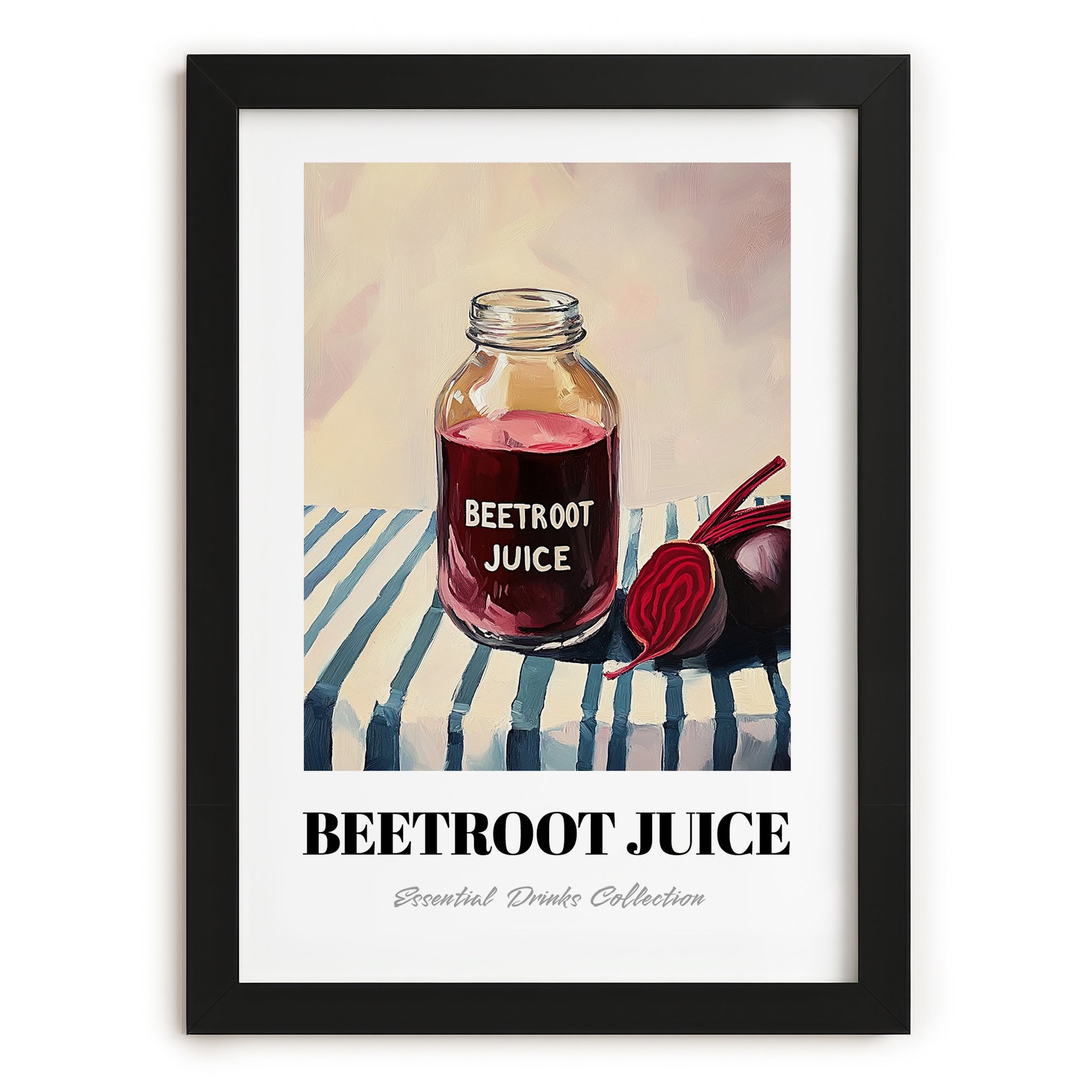 Beetroot Juice – on Striped Tablecloth, Lemonade Wall Illustration, in sleek black frame