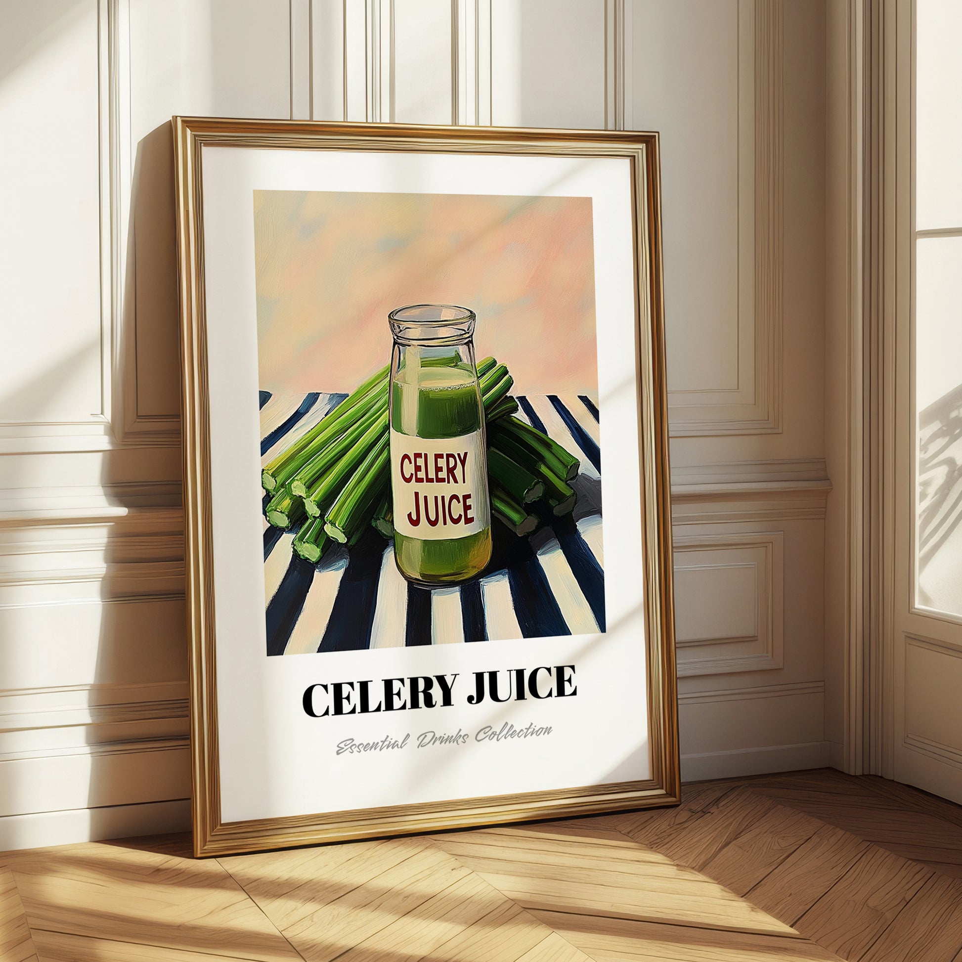 Celery Juice – on Striped Tablecloth, Lemonade Painting