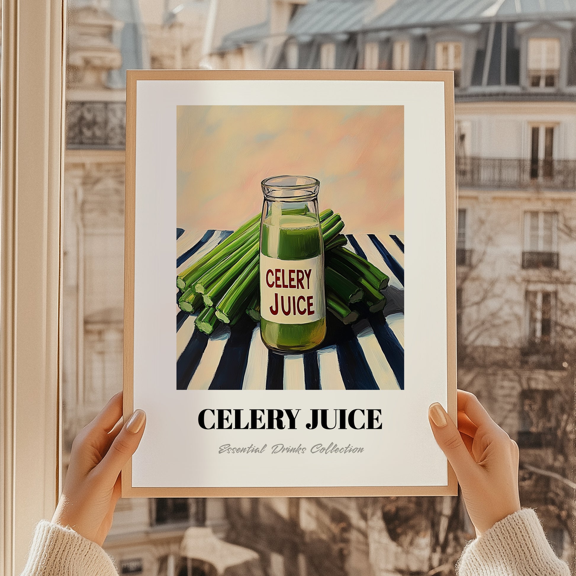 Celery Juice – on Striped Tablecloth, Lemonade Painting, styled in a charming Paris street view