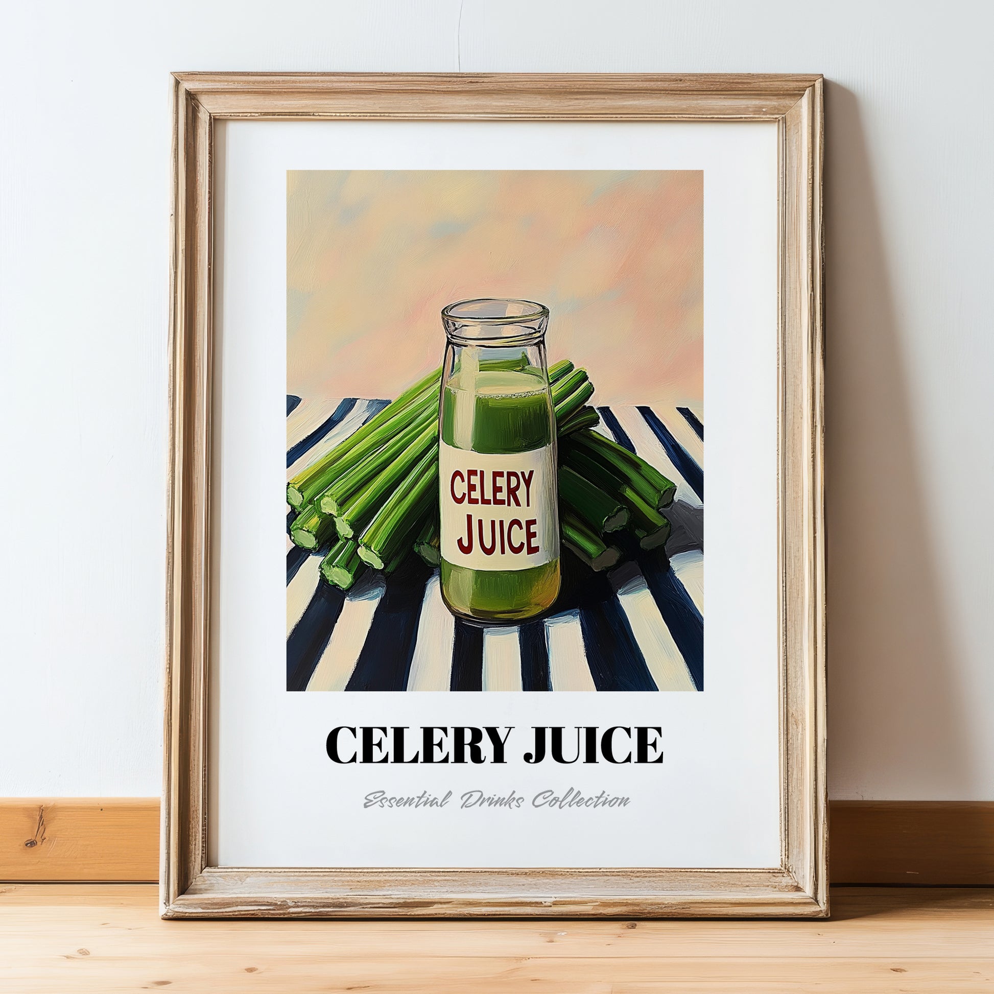Celery Juice – on Striped Tablecloth, Lemonade Painting, in wooden frame leaning on the floor