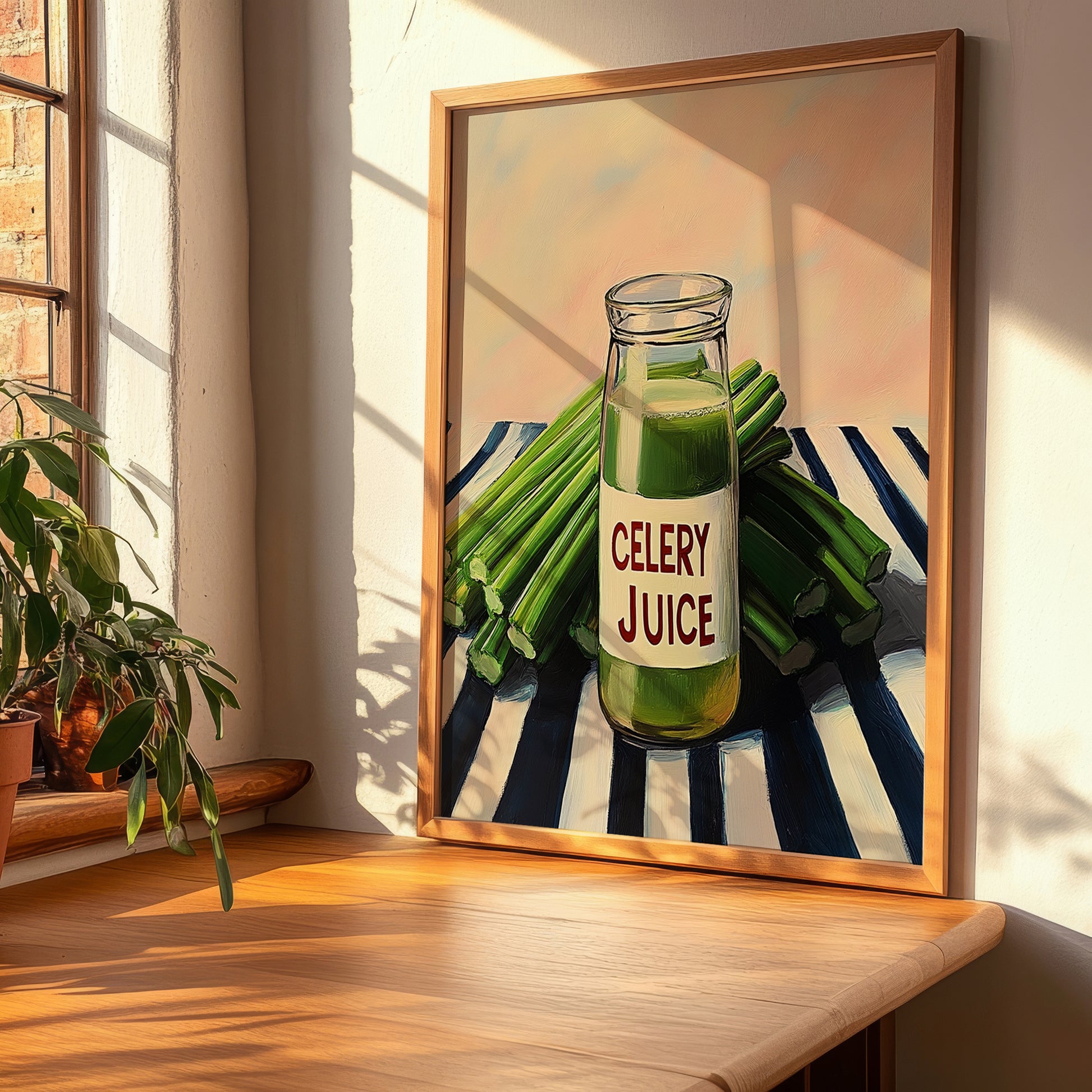 Celery Juice – on Striped Tablecloth, Lemonade Painting, clean layout with no caption