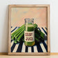 Celery Juice – on Striped Tablecloth, Lemonade Painting, no-text version framed in wood