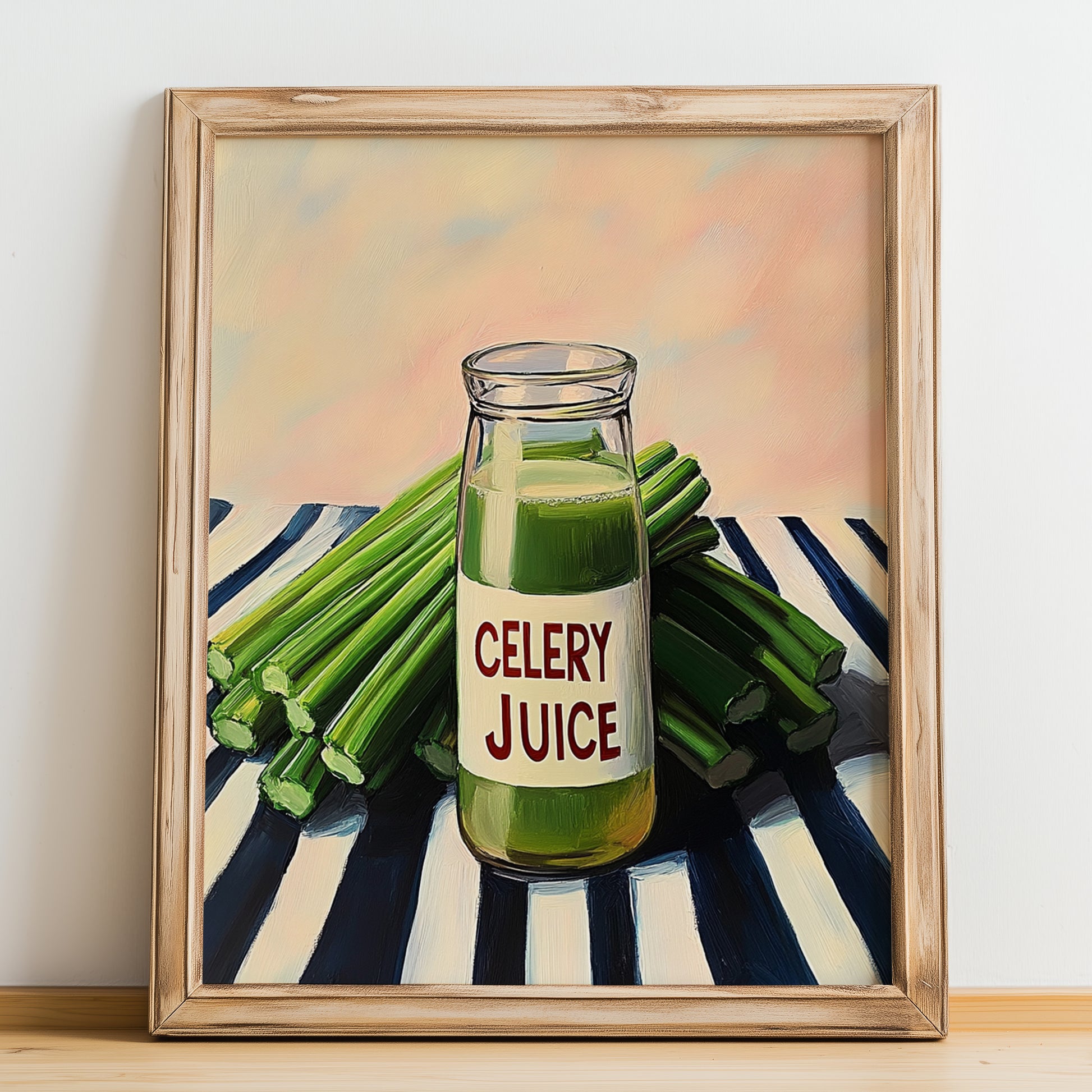 Celery Juice – on Striped Tablecloth, Lemonade Painting, no-text version framed in wood