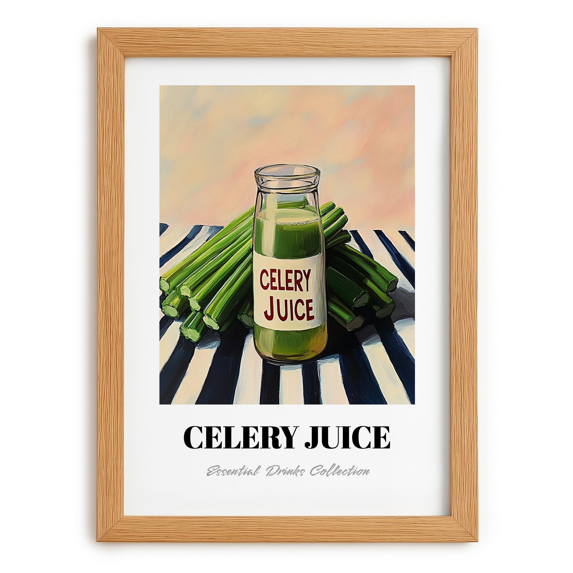 Celery Juice – on Striped Tablecloth, Lemonade Painting, set in oak frame