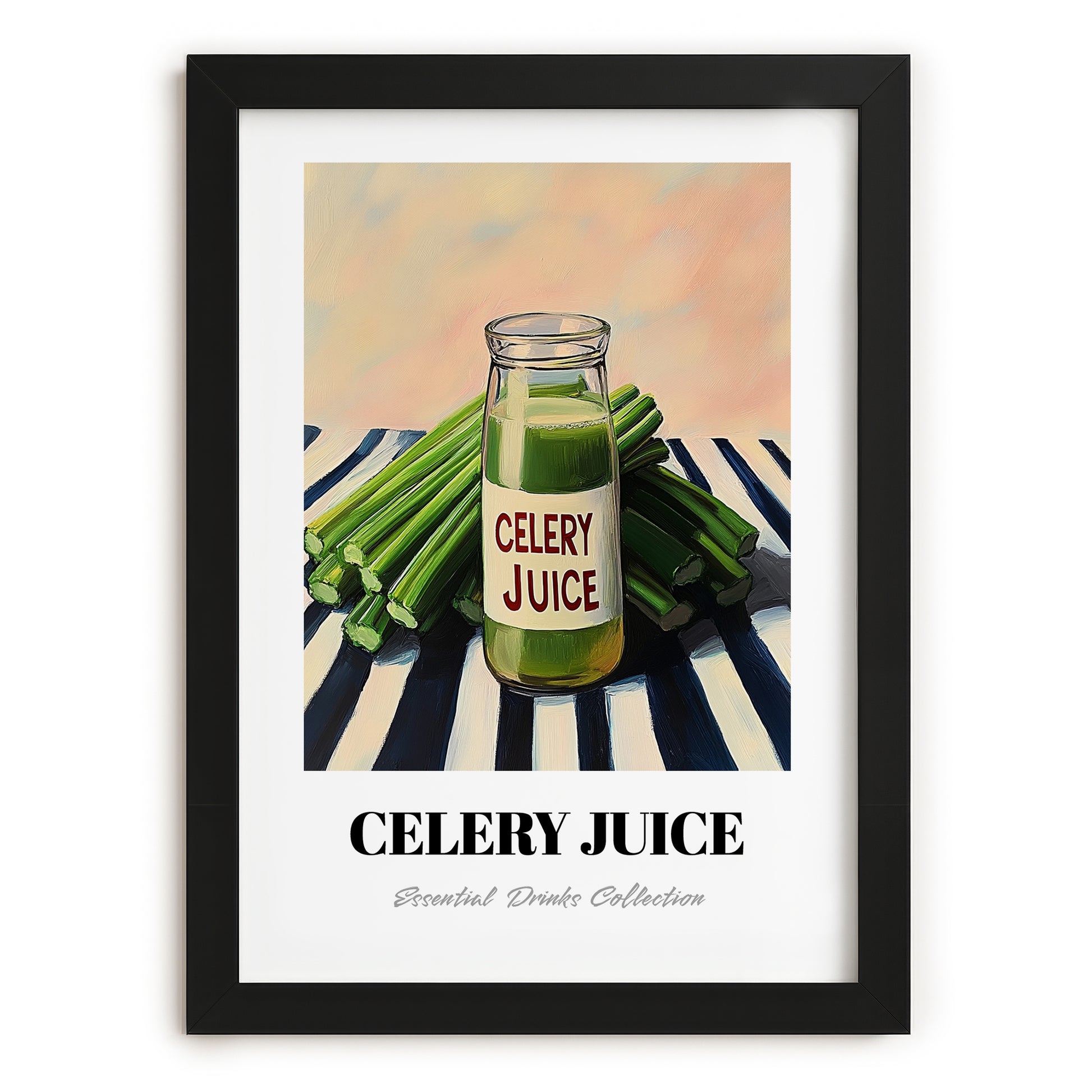 Celery Juice – on Striped Tablecloth, Lemonade Painting, in sleek black frame