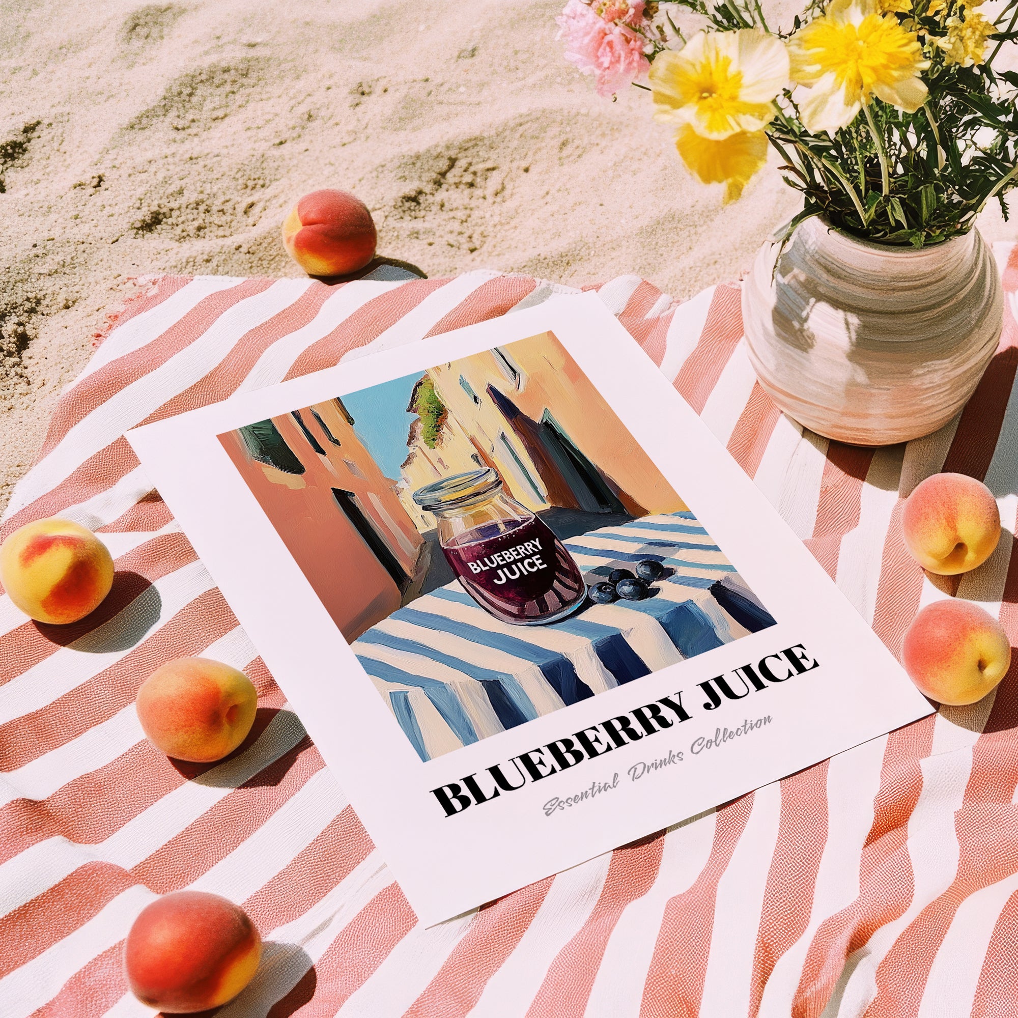 Blueberry Juice – Italian Café on the Corner, Lemonade Poster, unframed on coastal sand