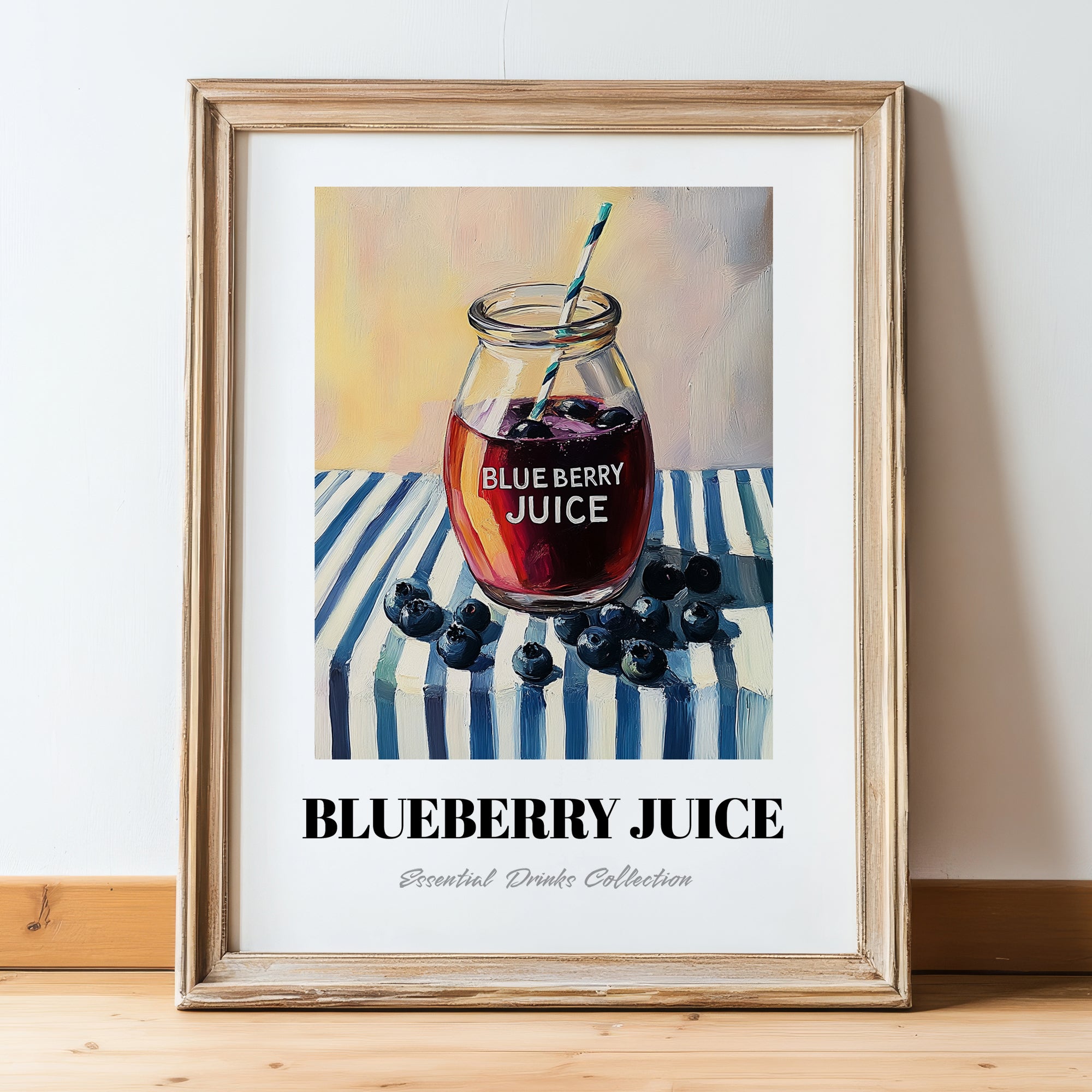 Blueberry Juice – on Striped Tablecloth, Lemonade Print, in wooden frame leaning on the floor