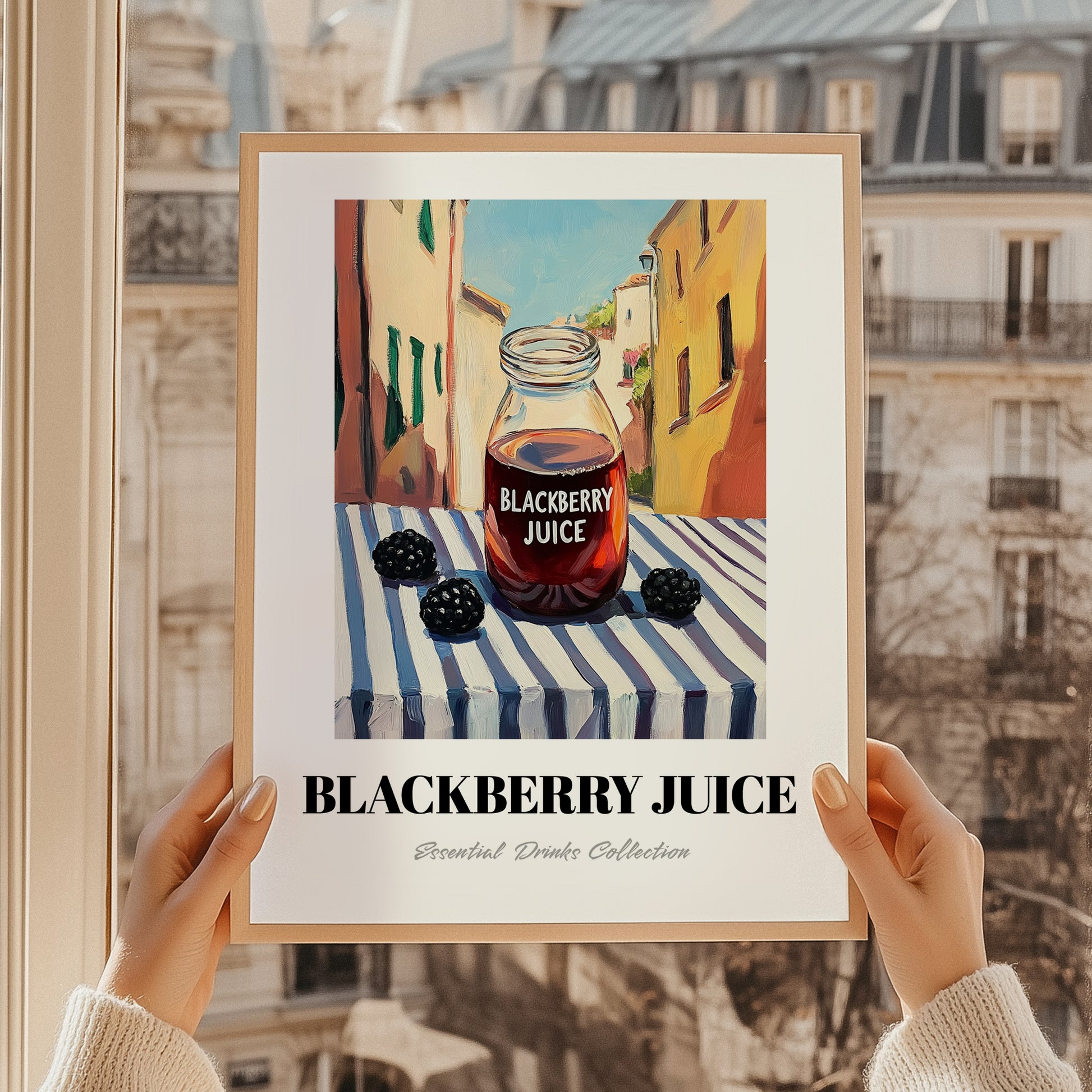 Blackberry Juice – Italian Urban Café Scene, Lemonade Print, styled in a charming Paris street view