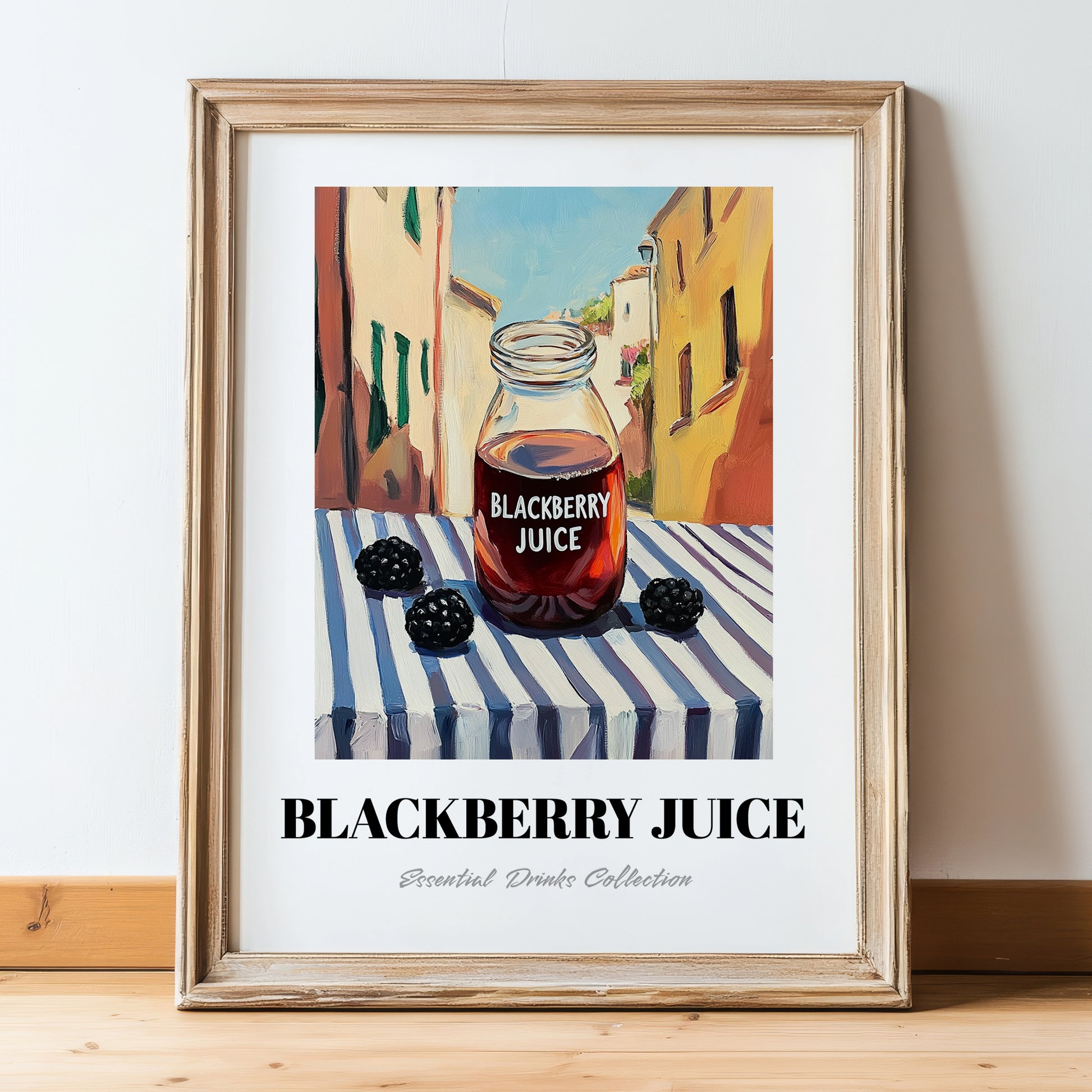 Blackberry Juice – Italian Urban Café Scene, Lemonade Print, in wooden frame leaning on the floor