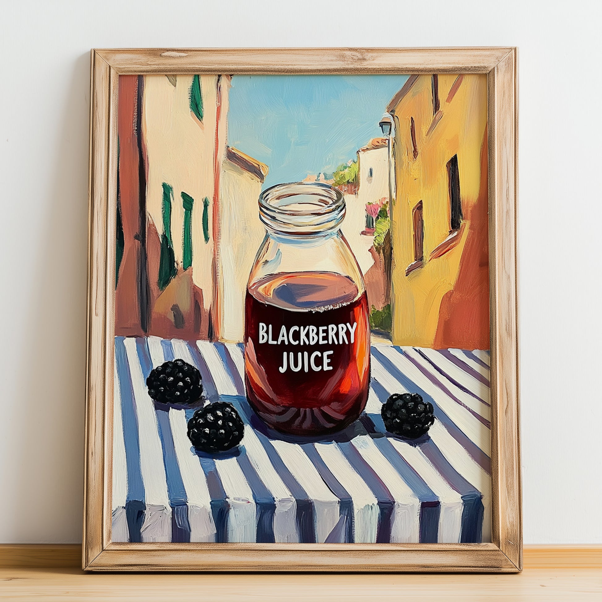 Blackberry Juice – Italian Urban Café Scene, Lemonade Print, no-text version framed in wood