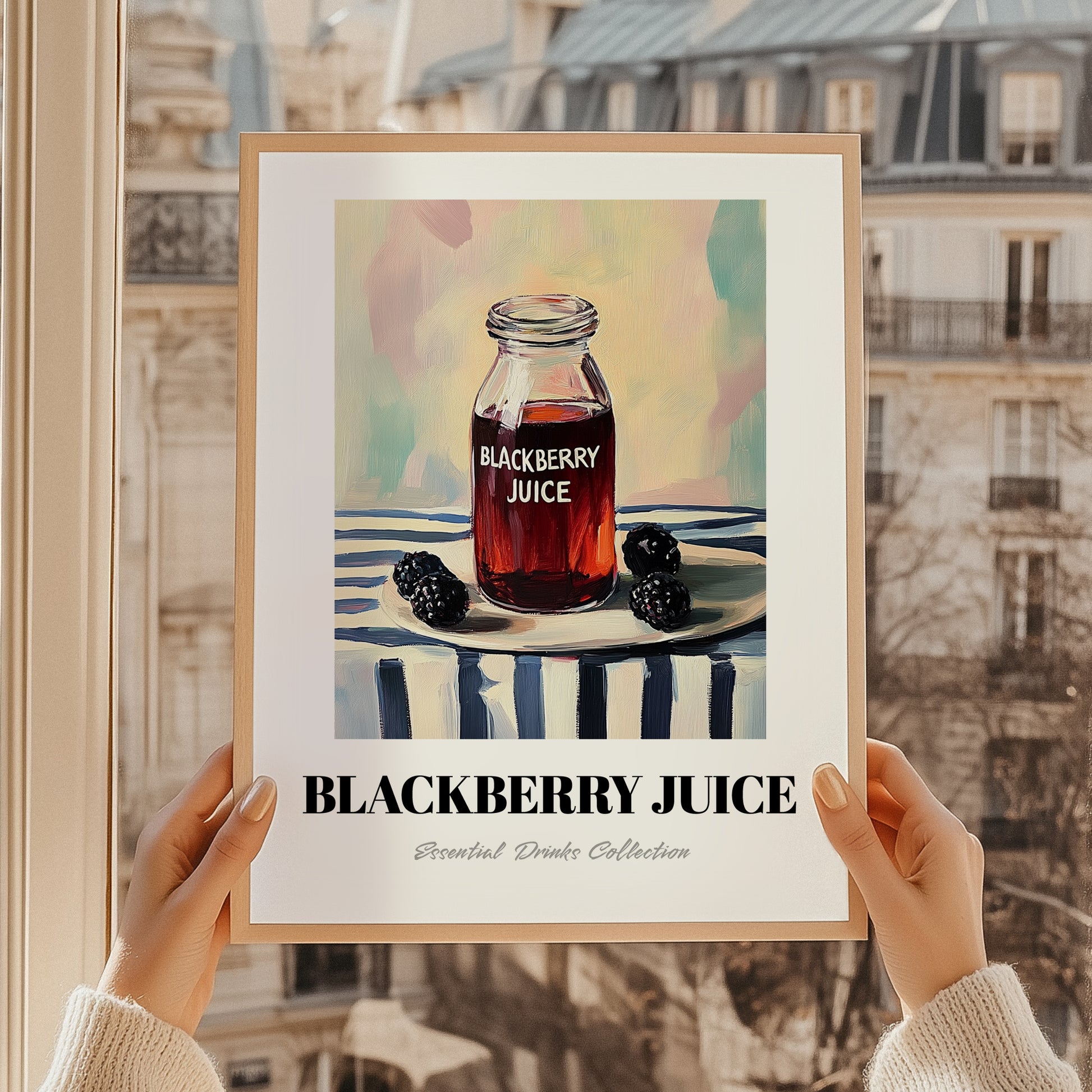 Blackberry Juice – on Striped Tablecloth, Lemonade Wall Painting, styled in a charming Paris street view