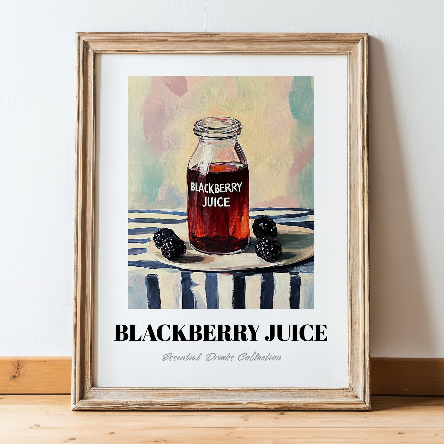 Blackberry Juice – on Striped Tablecloth, Lemonade Wall Painting, in wooden frame leaning on the floor