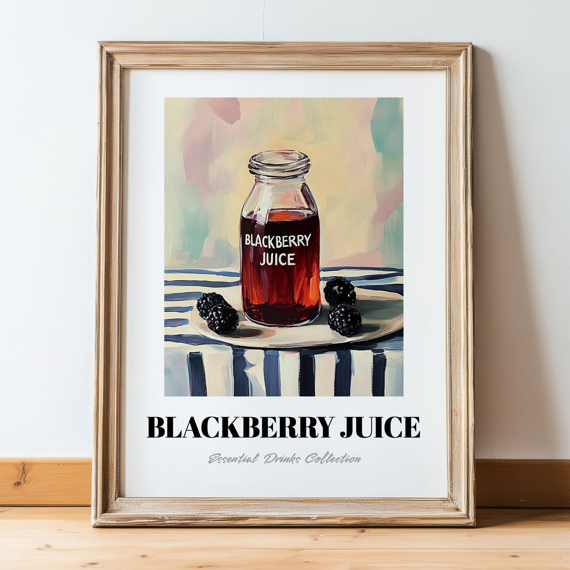 Blackberry Juice – on Striped Tablecloth, Lemonade Wall Painting, in wooden frame leaning on the floor