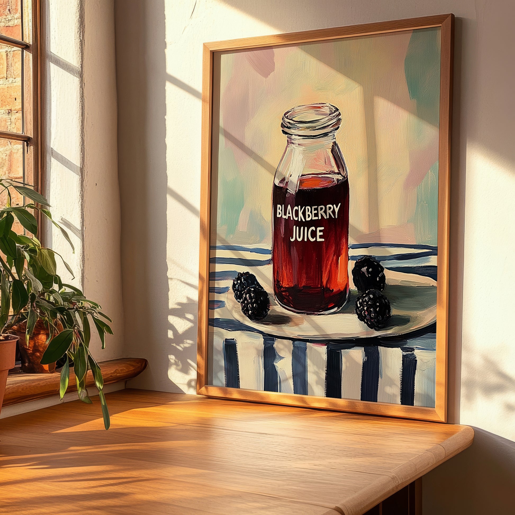 Blackberry Juice – on Striped Tablecloth, Lemonade Wall Painting, clean layout with no caption