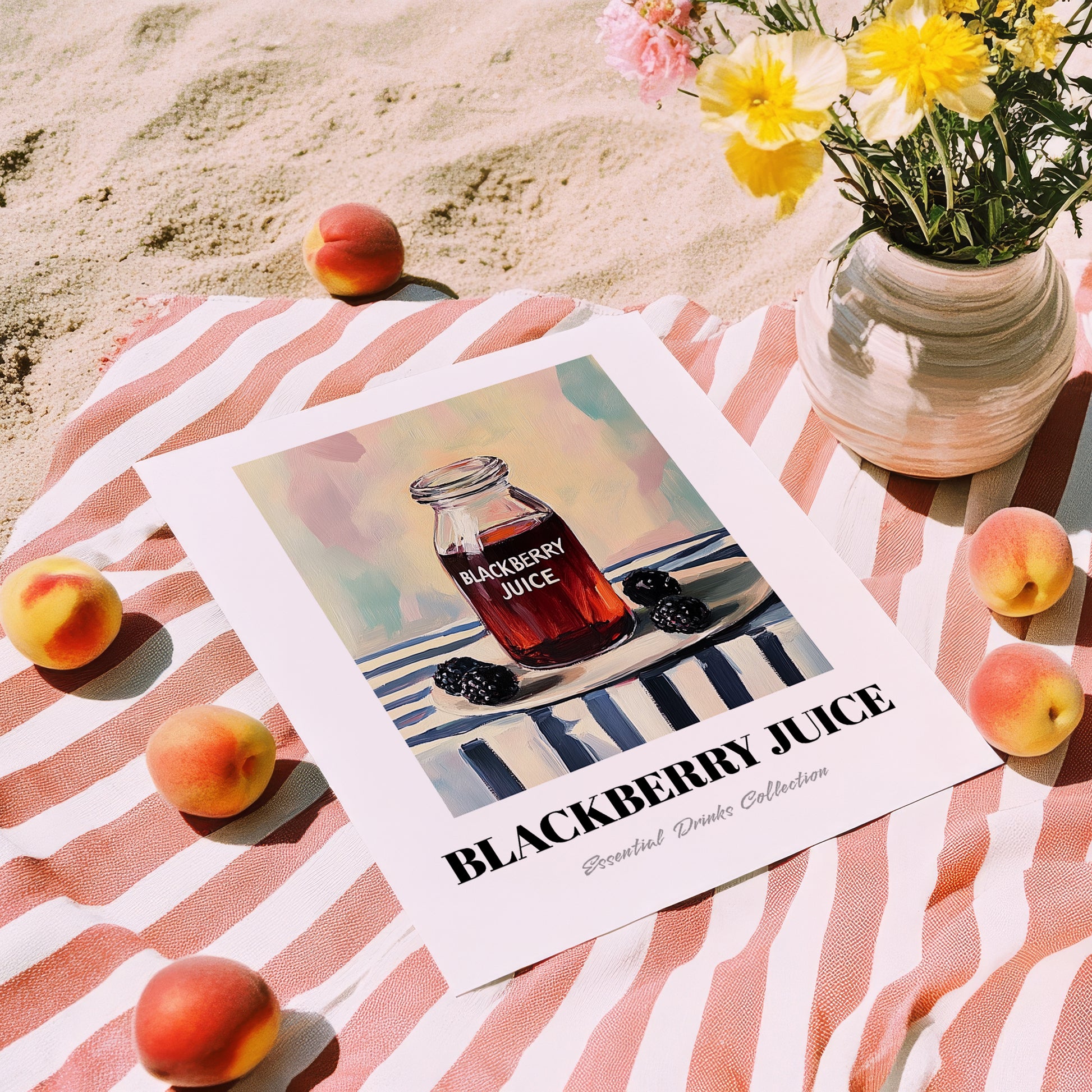 Blackberry Juice – on Striped Tablecloth, Lemonade Wall Painting, unframed on coastal sand