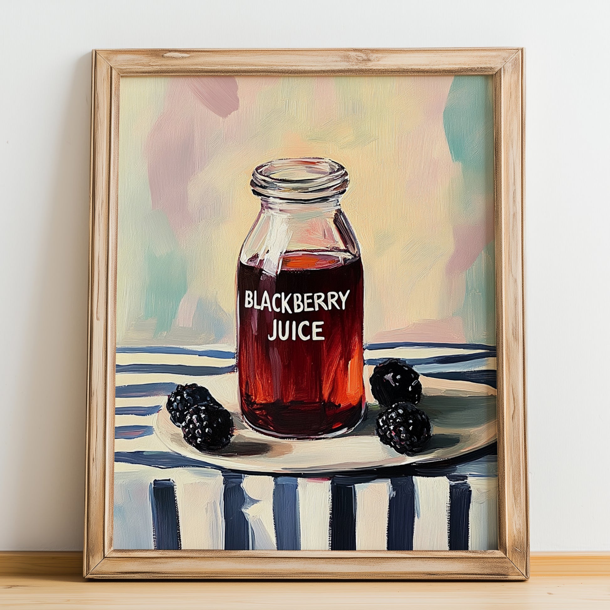 Blackberry Juice – on Striped Tablecloth, Lemonade Wall Painting, no-text version framed in wood