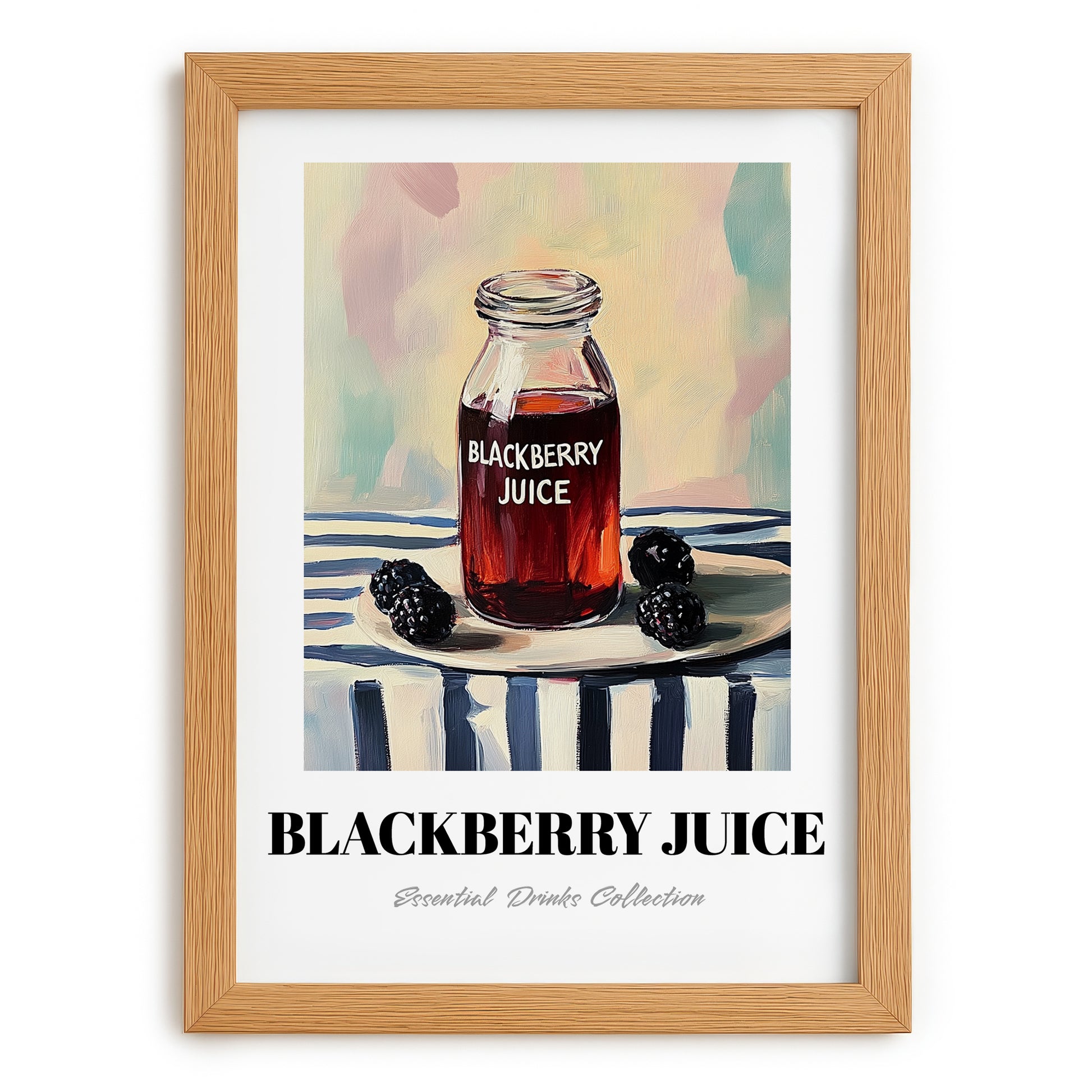 Blackberry Juice – on Striped Tablecloth, Lemonade Wall Painting, set in oak frame