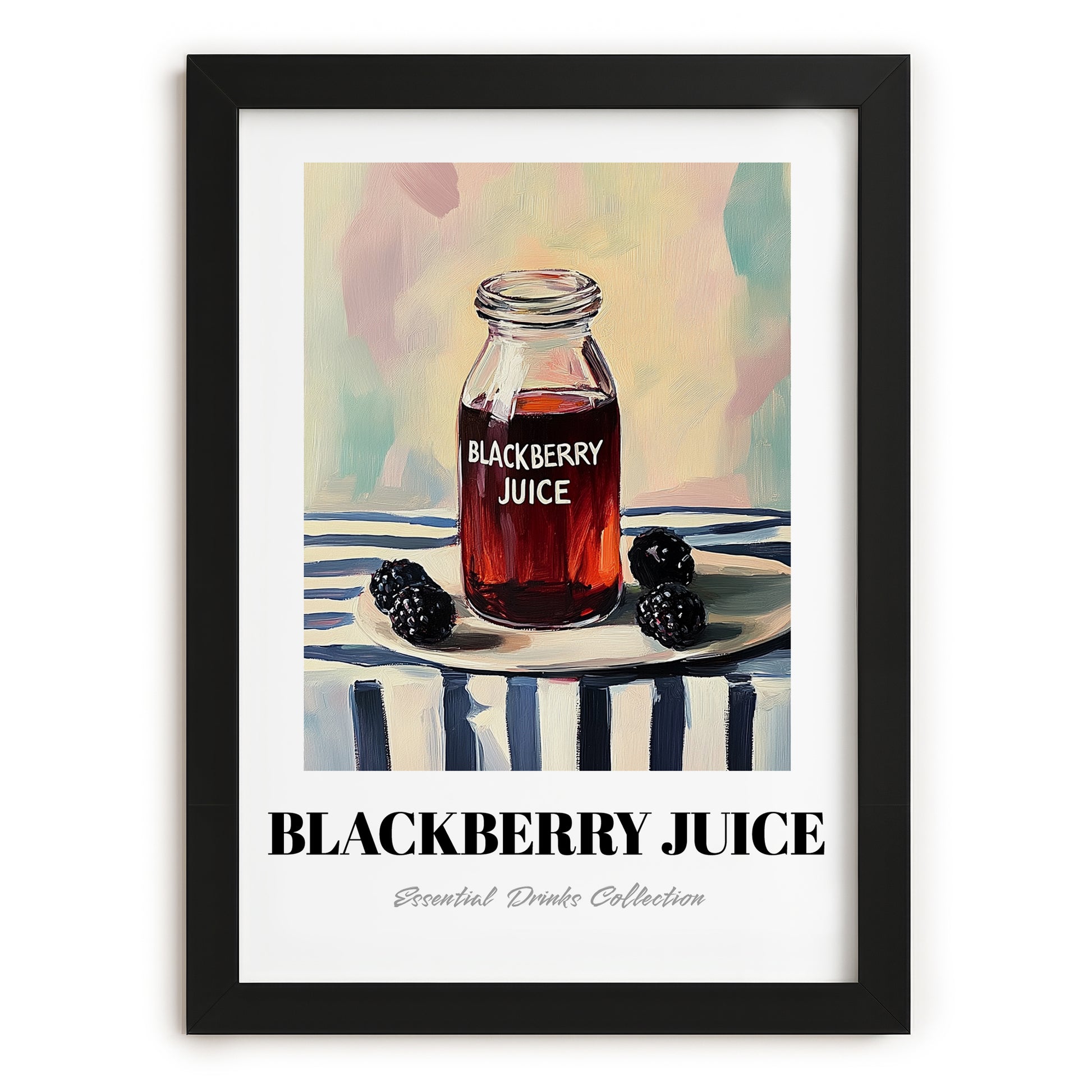 Blackberry Juice – on Striped Tablecloth, Lemonade Wall Painting, in sleek black frame