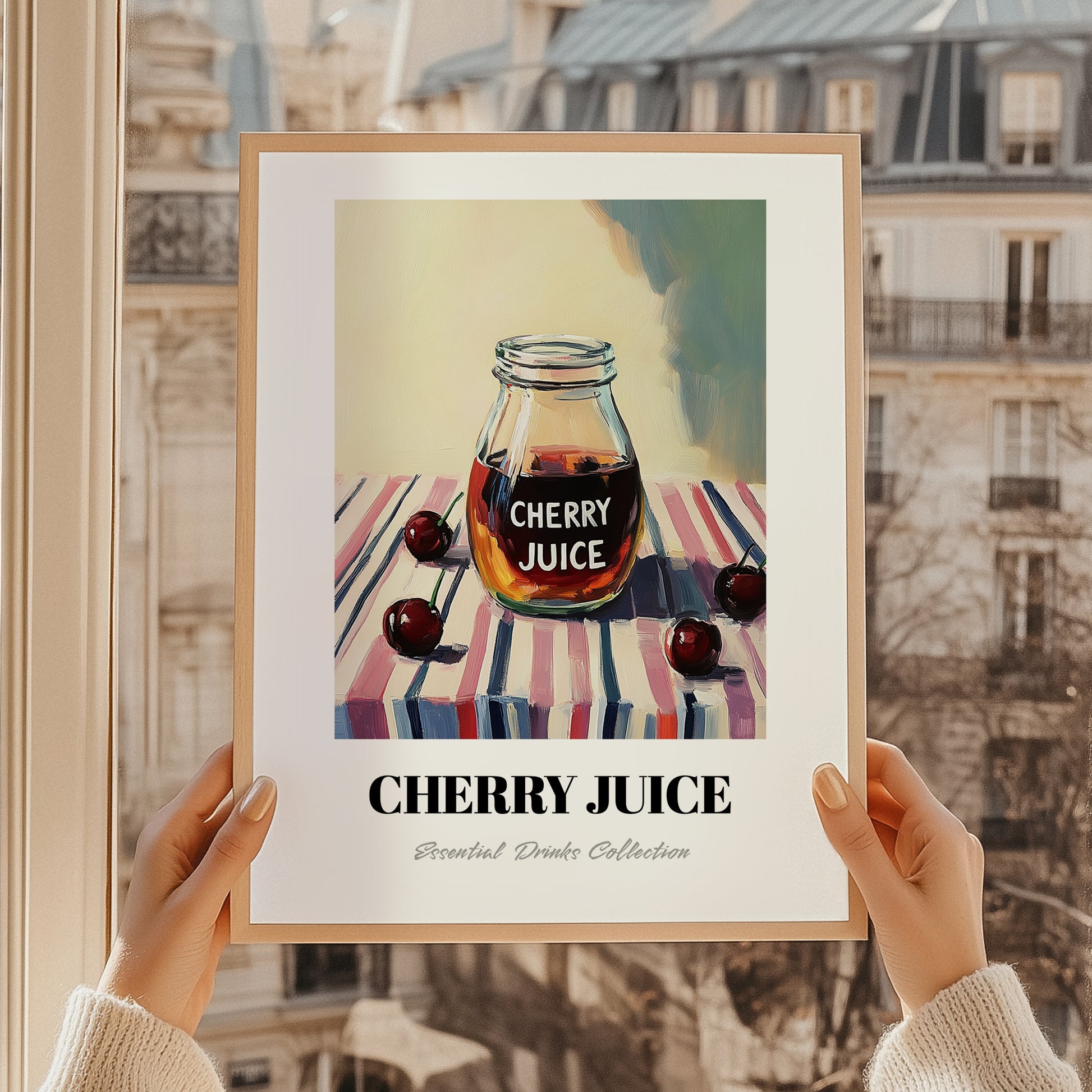 Cherry Juice – on Striped Tablecloth, Lemonade Wall Illustration, styled in a charming Paris street view