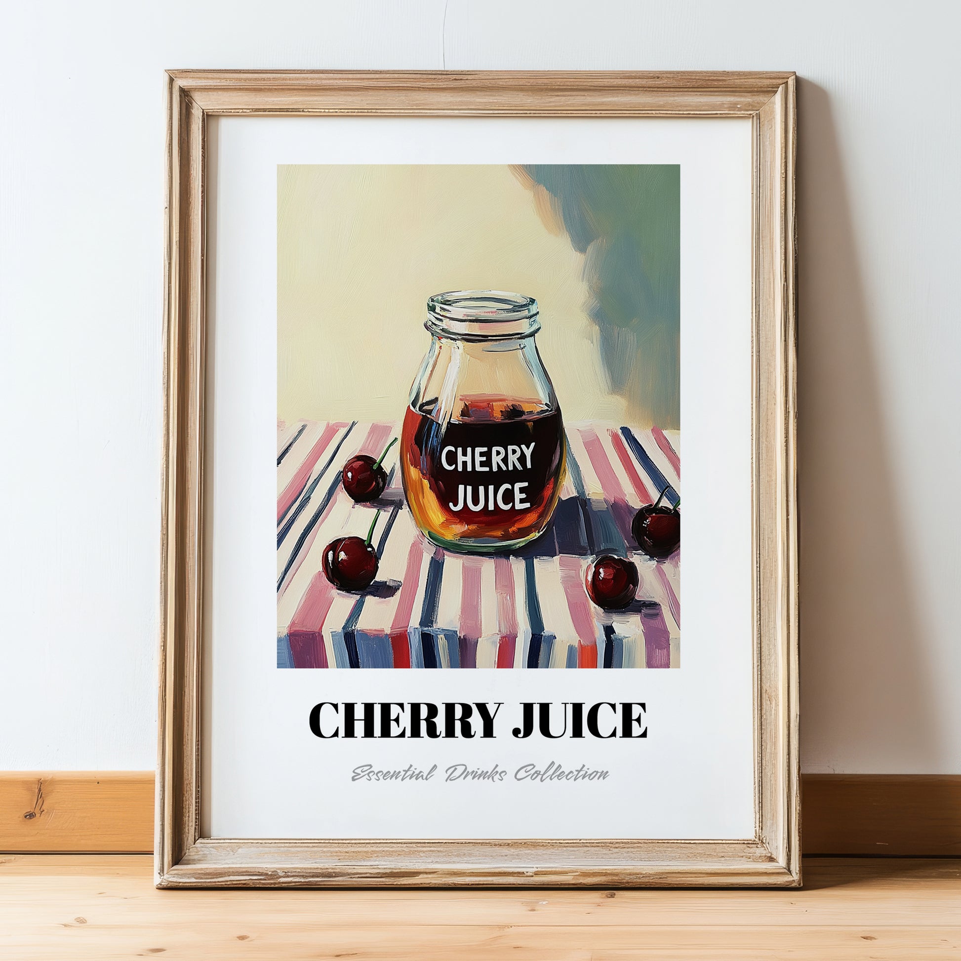 Cherry Juice – on Striped Tablecloth, Lemonade Wall Illustration, in wooden frame leaning on the floor