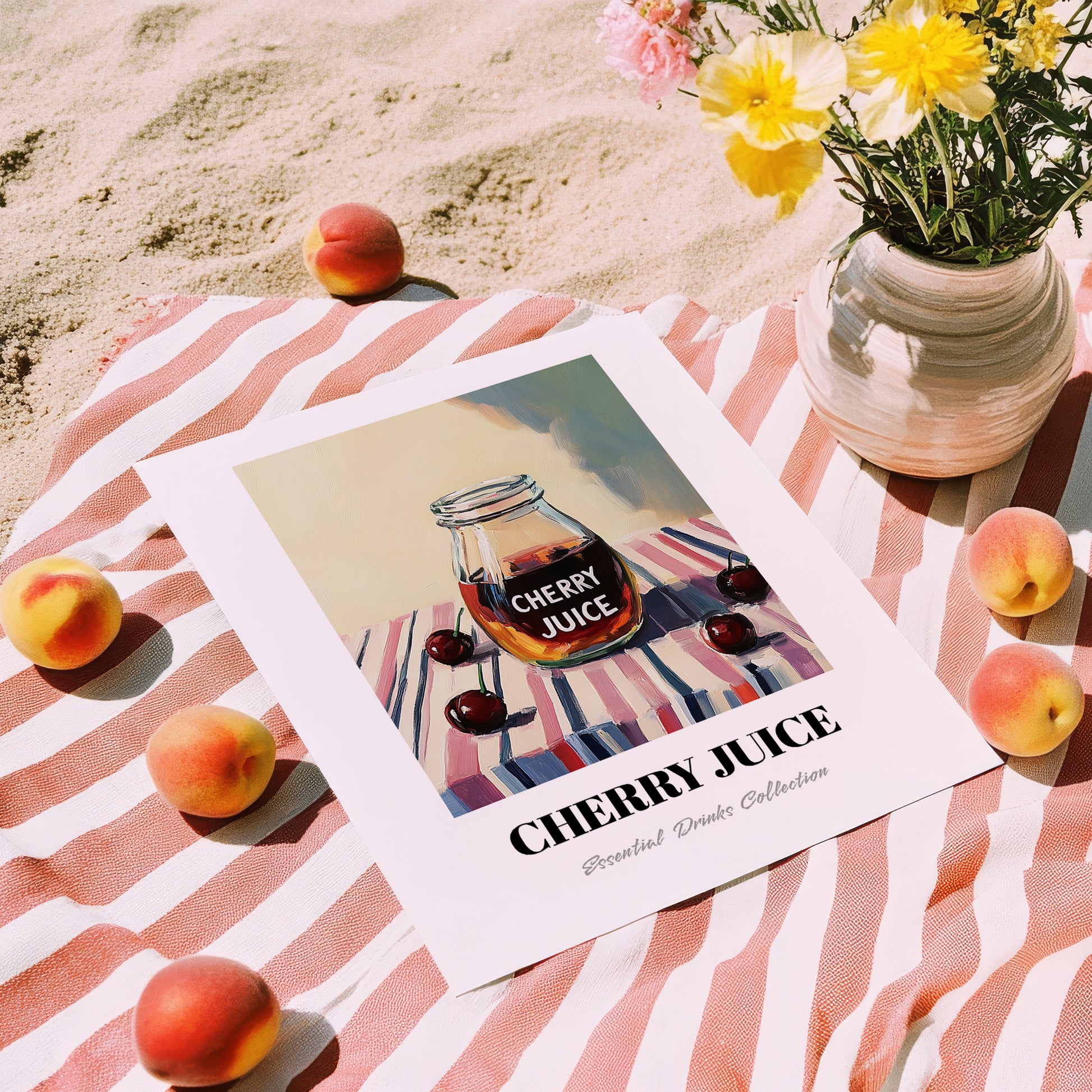Cherry Juice – on Striped Tablecloth, Lemonade Wall Illustration, unframed on coastal sand