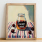 Cherry Juice – on Striped Tablecloth, Lemonade Wall Illustration, no-text version framed in wood