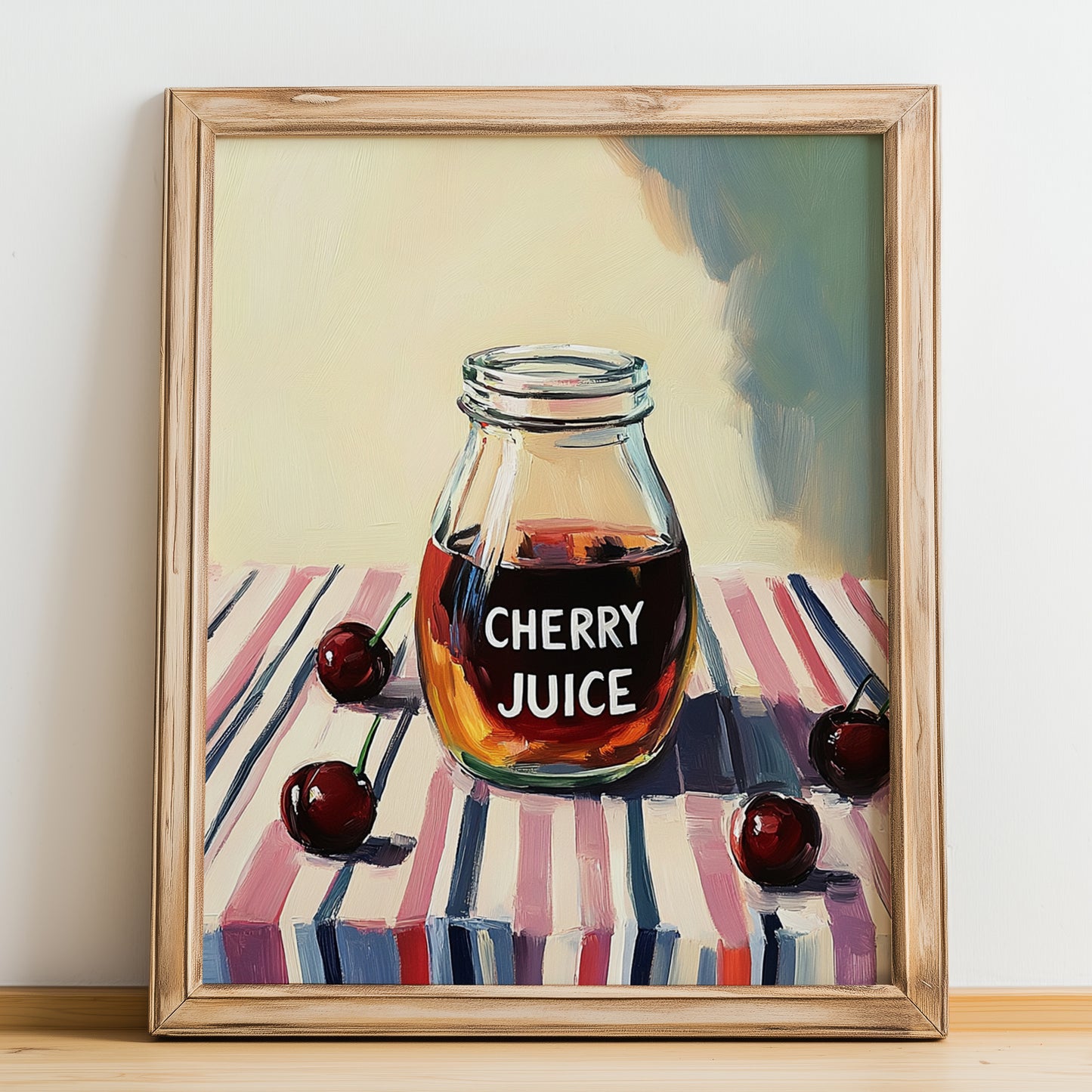 Cherry Juice – on Striped Tablecloth, Lemonade Wall Illustration, no-text version framed in wood