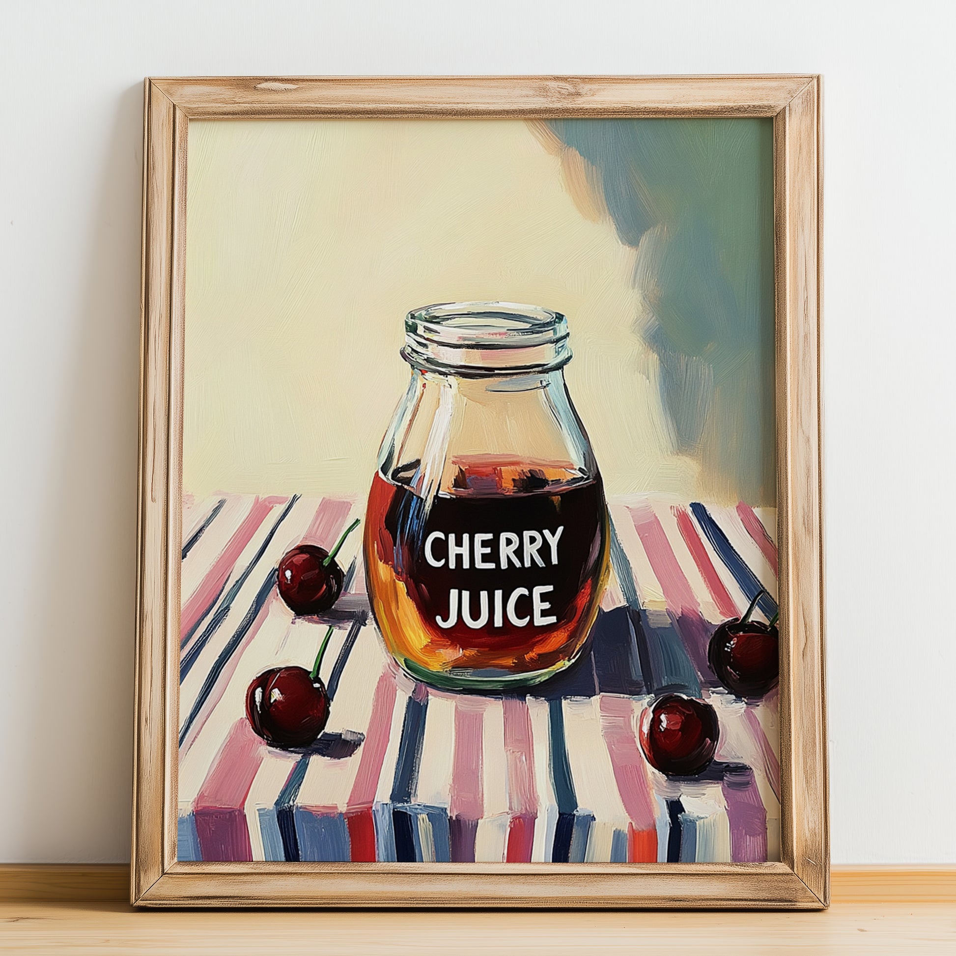 Cherry Juice – on Striped Tablecloth, Lemonade Wall Illustration, no-text version framed in wood