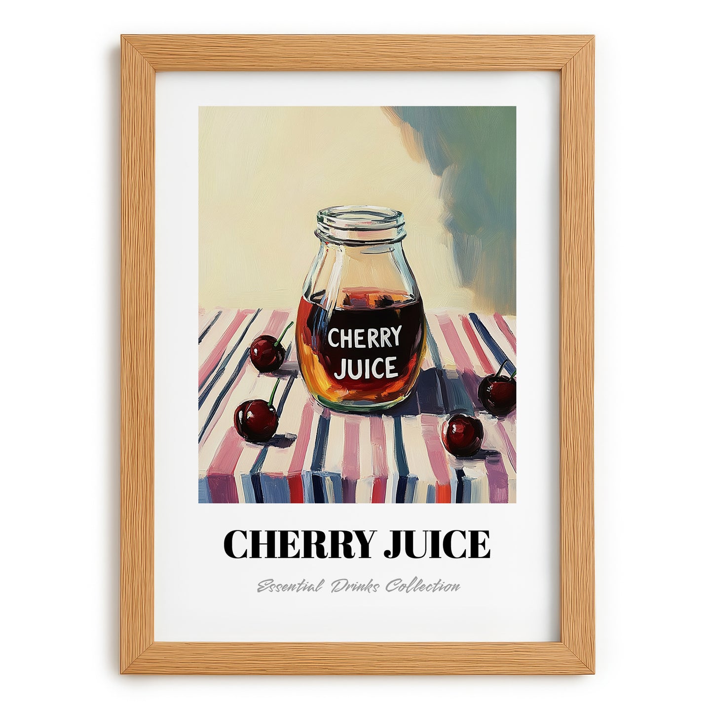 Cherry Juice – on Striped Tablecloth, Lemonade Wall Illustration, set in oak frame