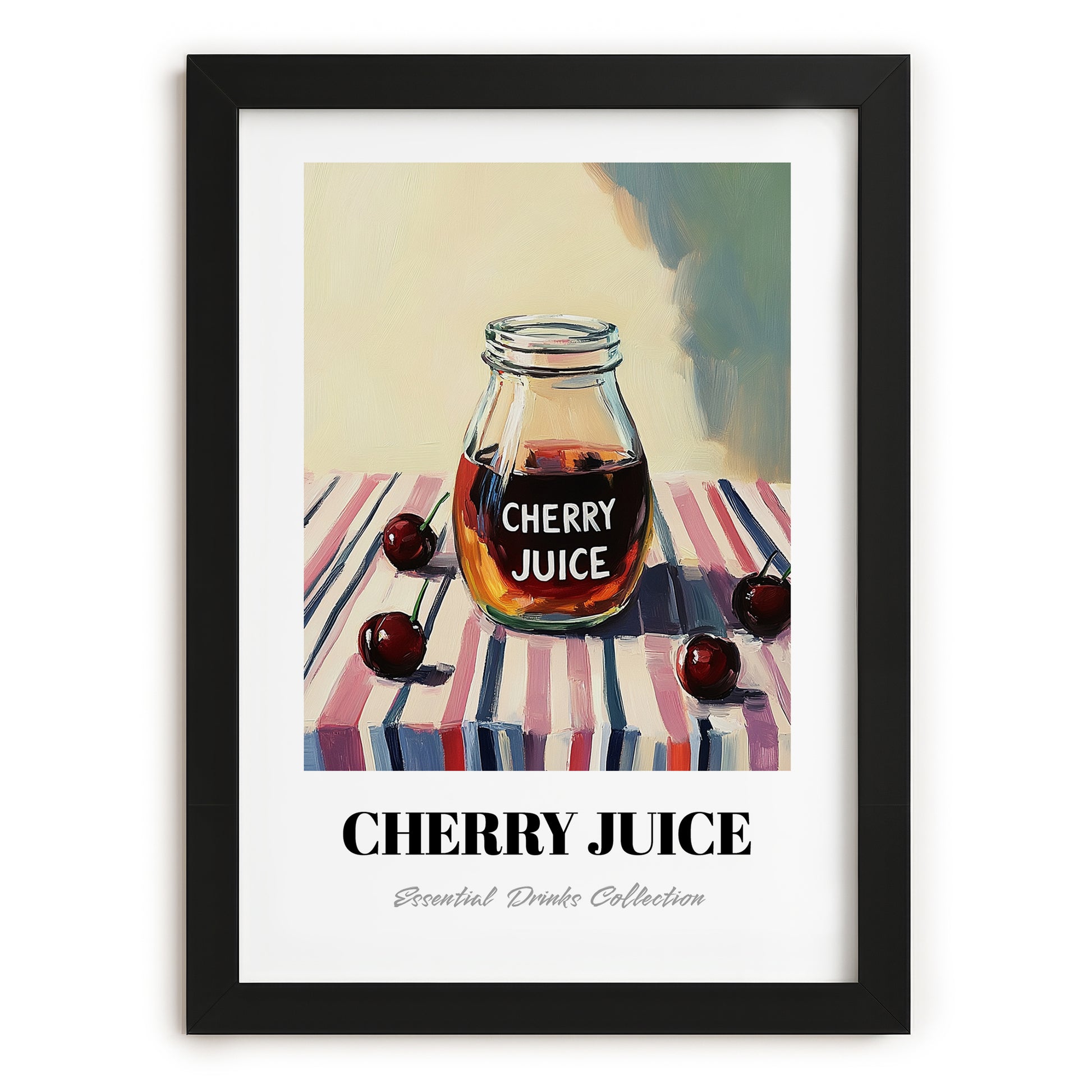 Cherry Juice – on Striped Tablecloth, Lemonade Wall Illustration, in sleek black frame
