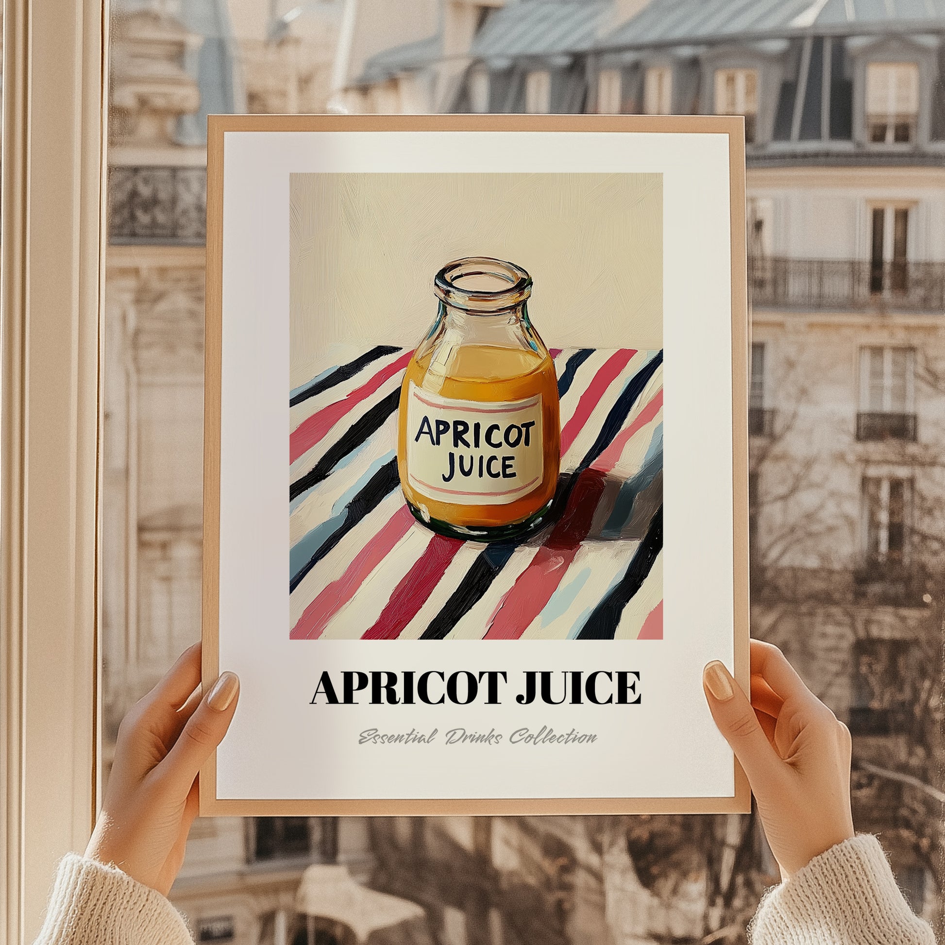 Apricot Juice – on Striped Tablecloth, Lemonade Print, styled in a charming Paris street view