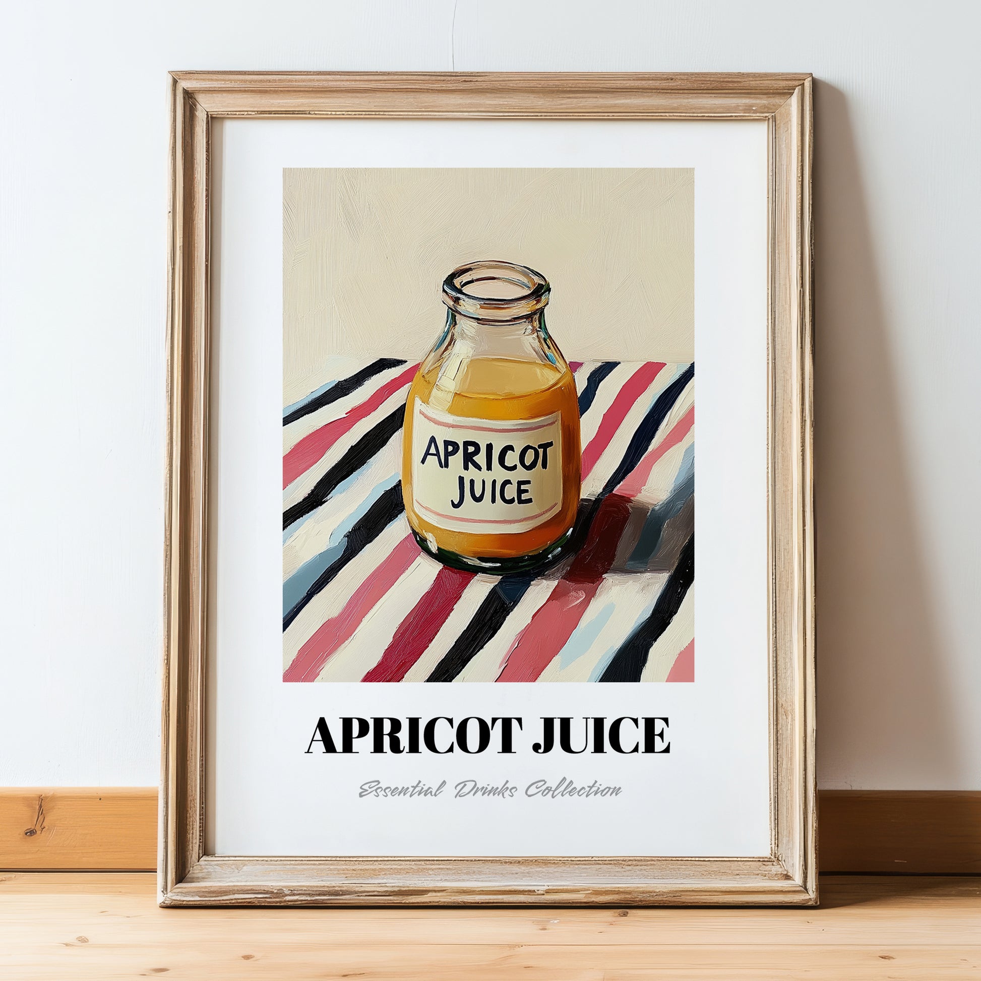 Apricot Juice – on Striped Tablecloth, Lemonade Print, in wooden frame leaning on the floor