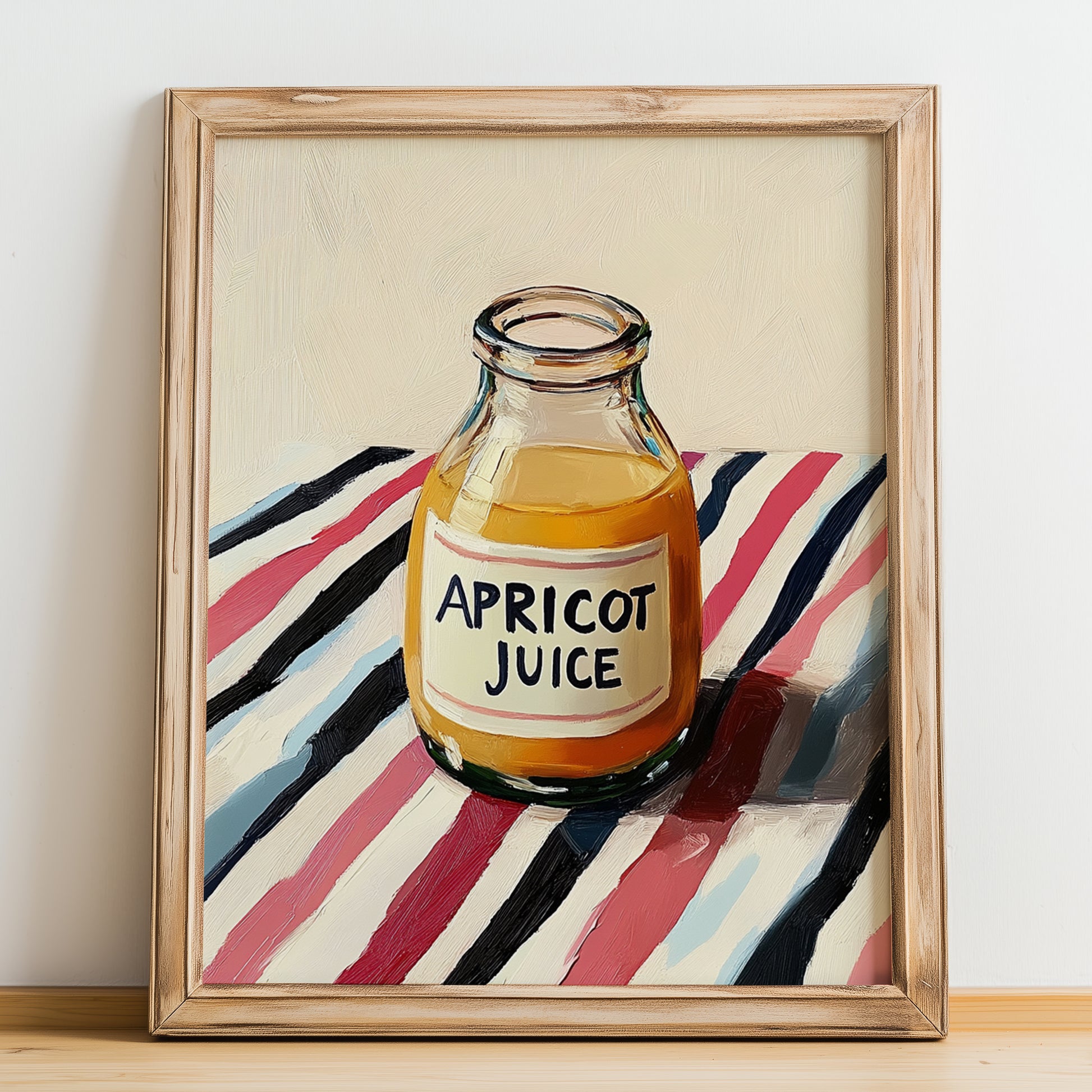 Apricot Juice – on Striped Tablecloth, Lemonade Print, no-text version framed in wood