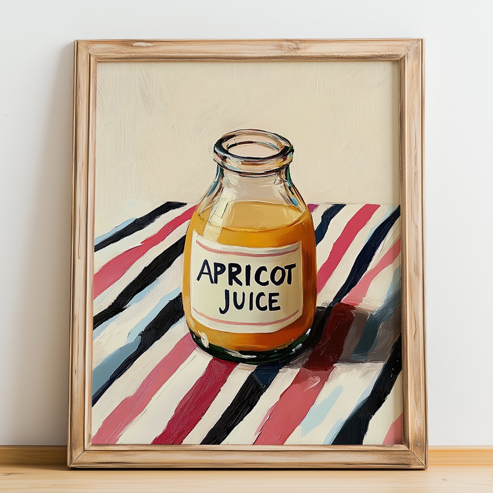 Apricot Juice – on Striped Tablecloth, Lemonade Print, no-text version framed in wood