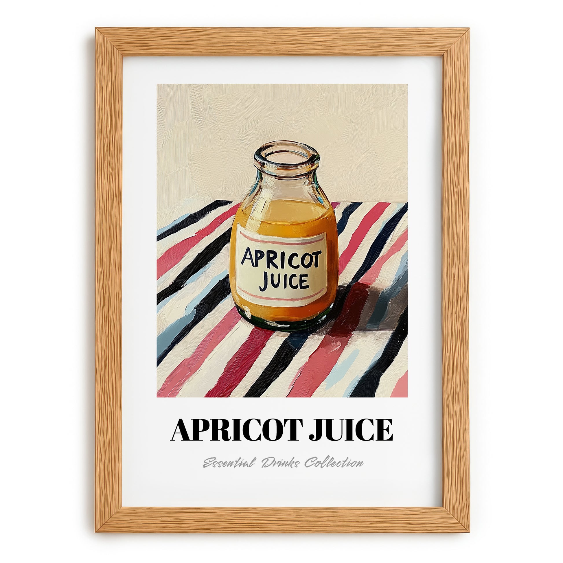 Apricot Juice – on Striped Tablecloth, Lemonade Print, set in oak frame