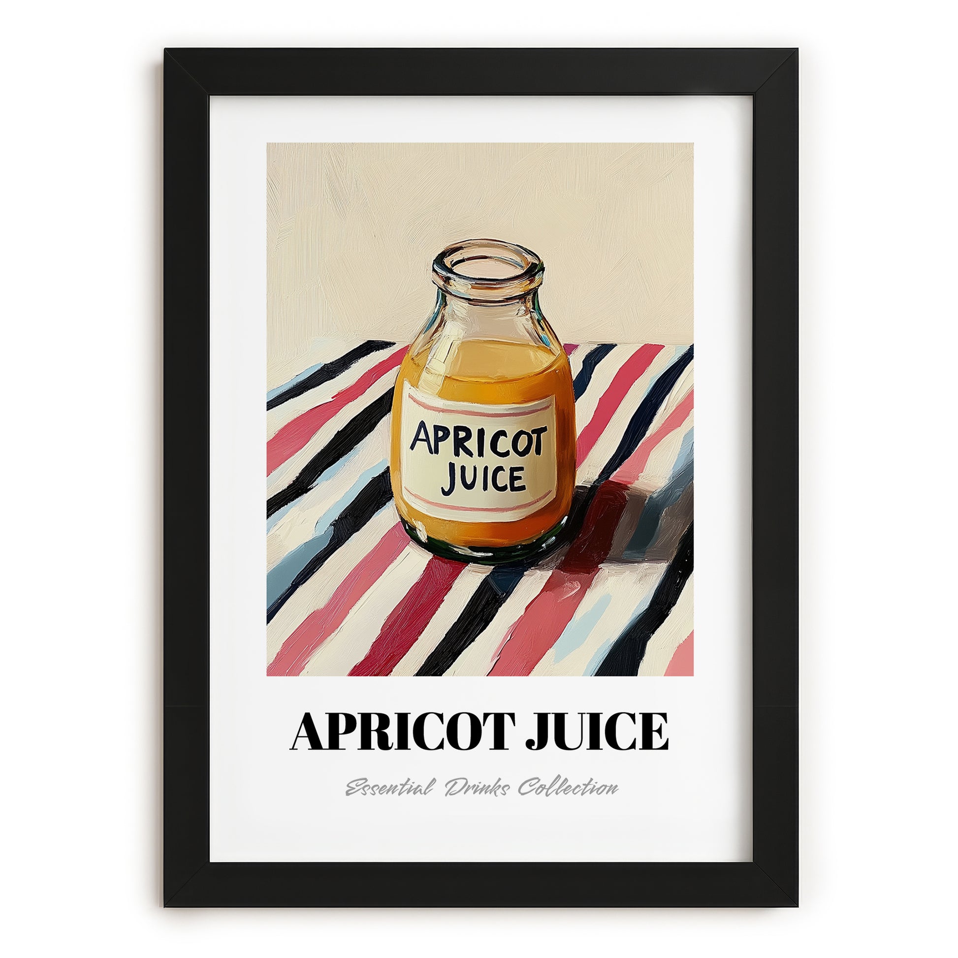 Apricot Juice – on Striped Tablecloth, Lemonade Print, in sleek black frame