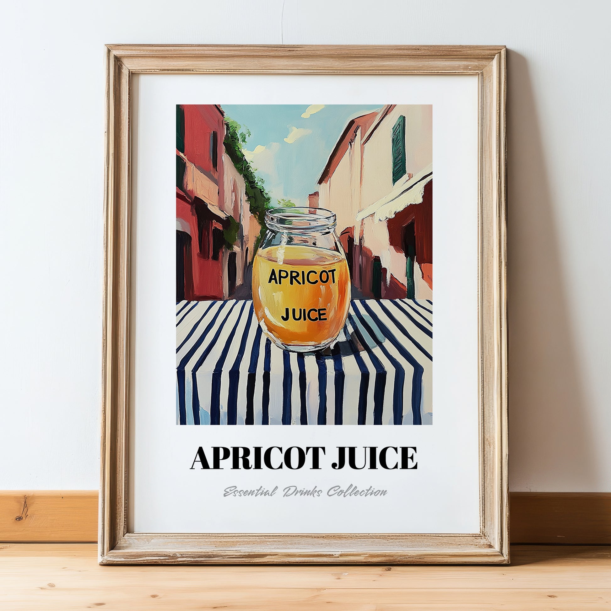 Apricot Juice – Italian Outdoor Café Scene, Lemonade Poster, in wooden frame leaning on the floor