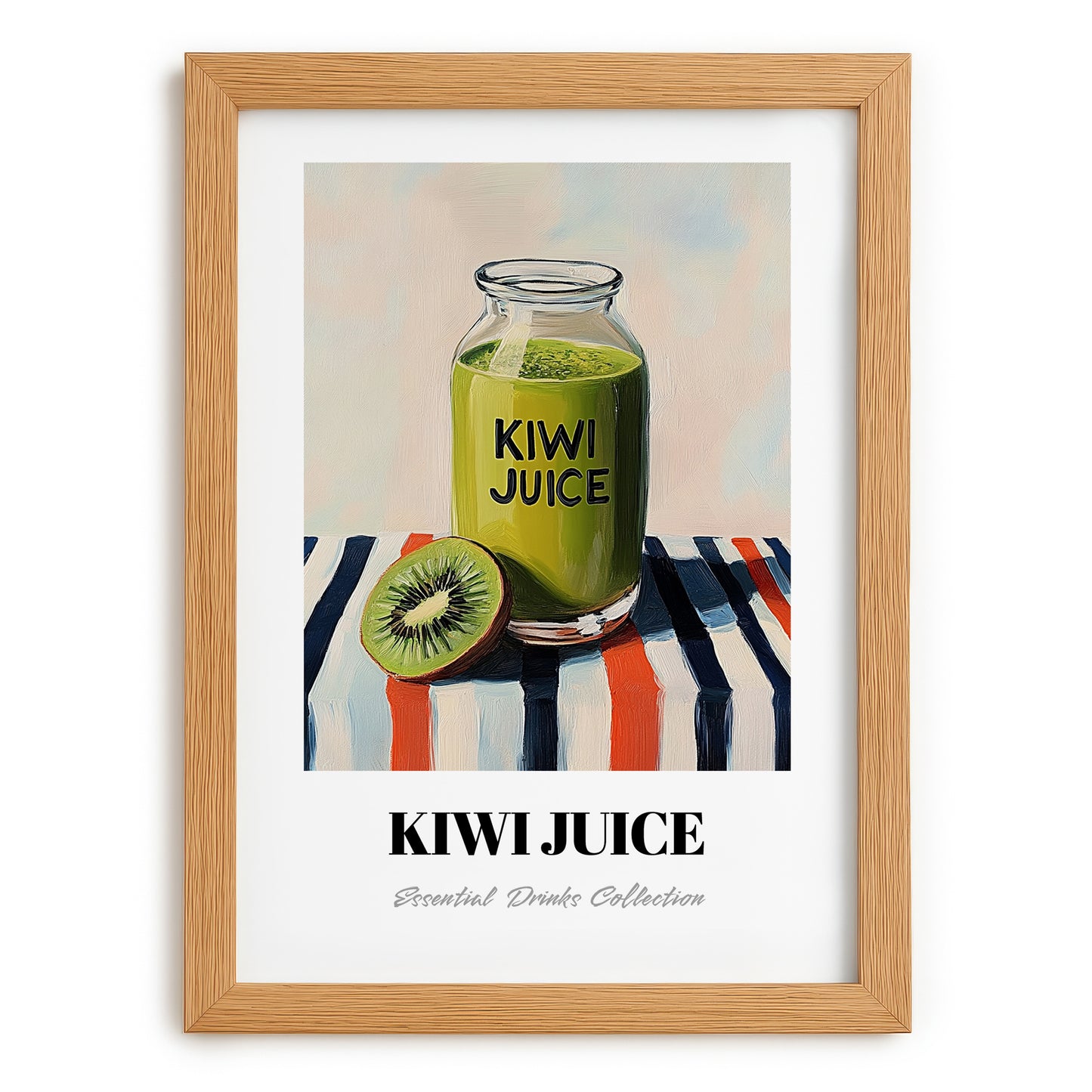 Kiwi Juice – on Striped Tablecloth, Lemonade Wall Decor, set in oak frame