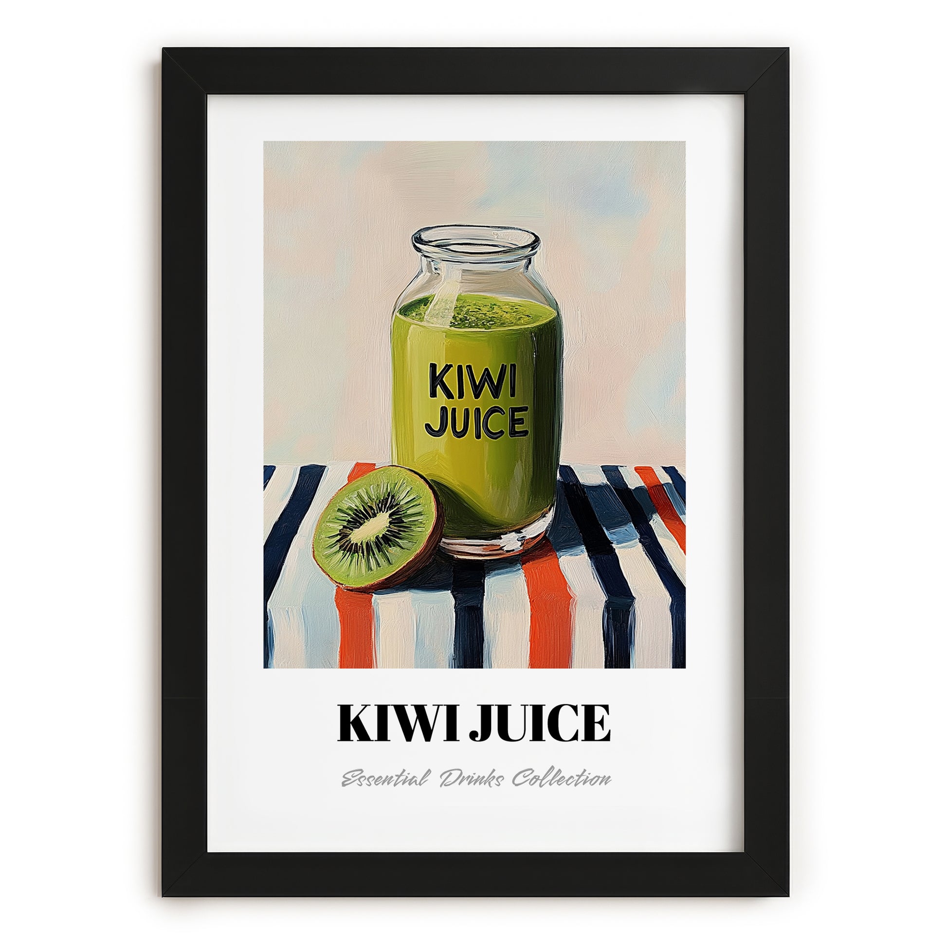 Kiwi Juice – on Striped Tablecloth, Lemonade Wall Decor, in sleek black frame